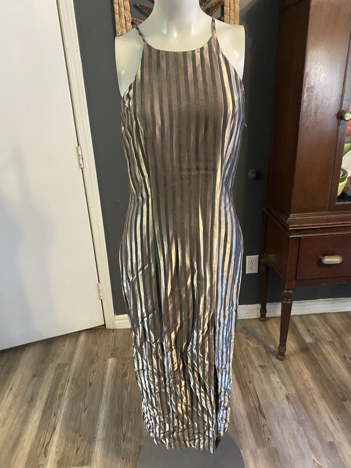 Vtg 90s Y2k Liquid Gold & Black Satin Dress Maxi Grunge Whimsigoth Goth 7