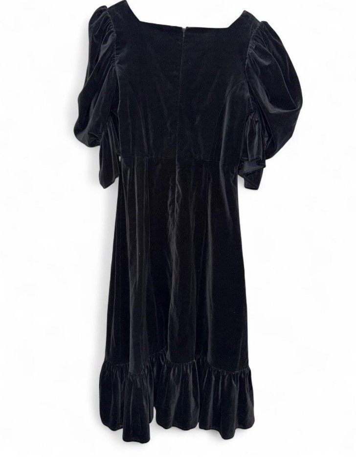 Mary Benson Black Velvet A-Line Maxi Dress Puff Sleeve Square Neck Ruffle