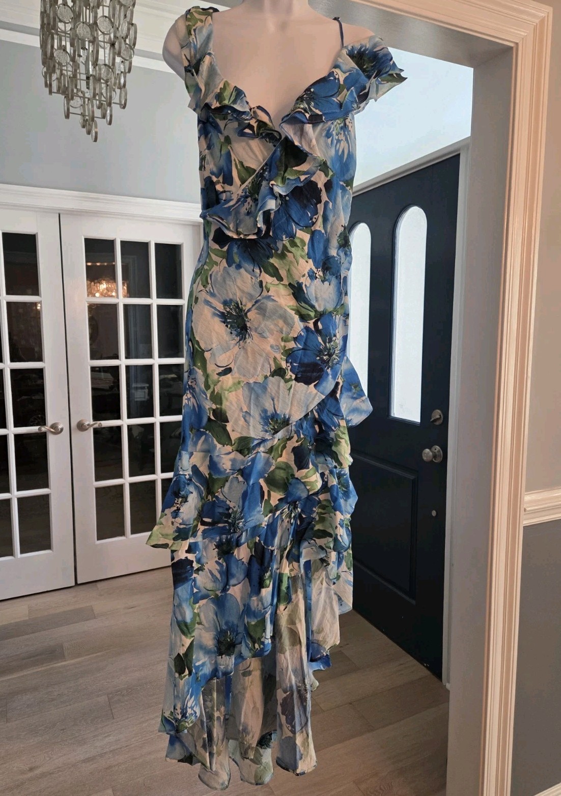Alex Marie Lacey Ruffle Sleeveless Floral Asymmetric Hem Maxi Dress 12