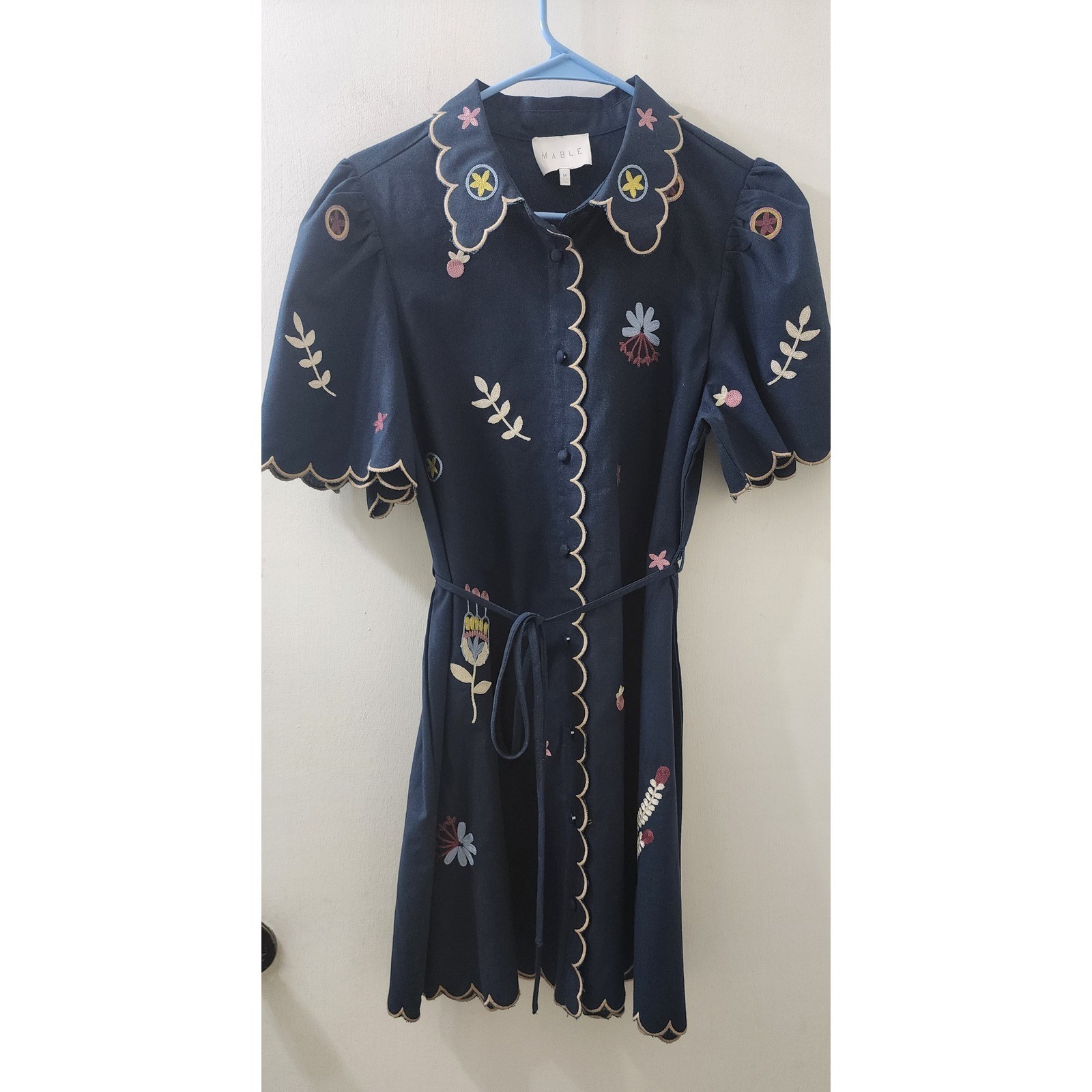 MABLE Navy Blue Embroidered Scalloped Linen Blend Mini Shirt Dress MD4896A M