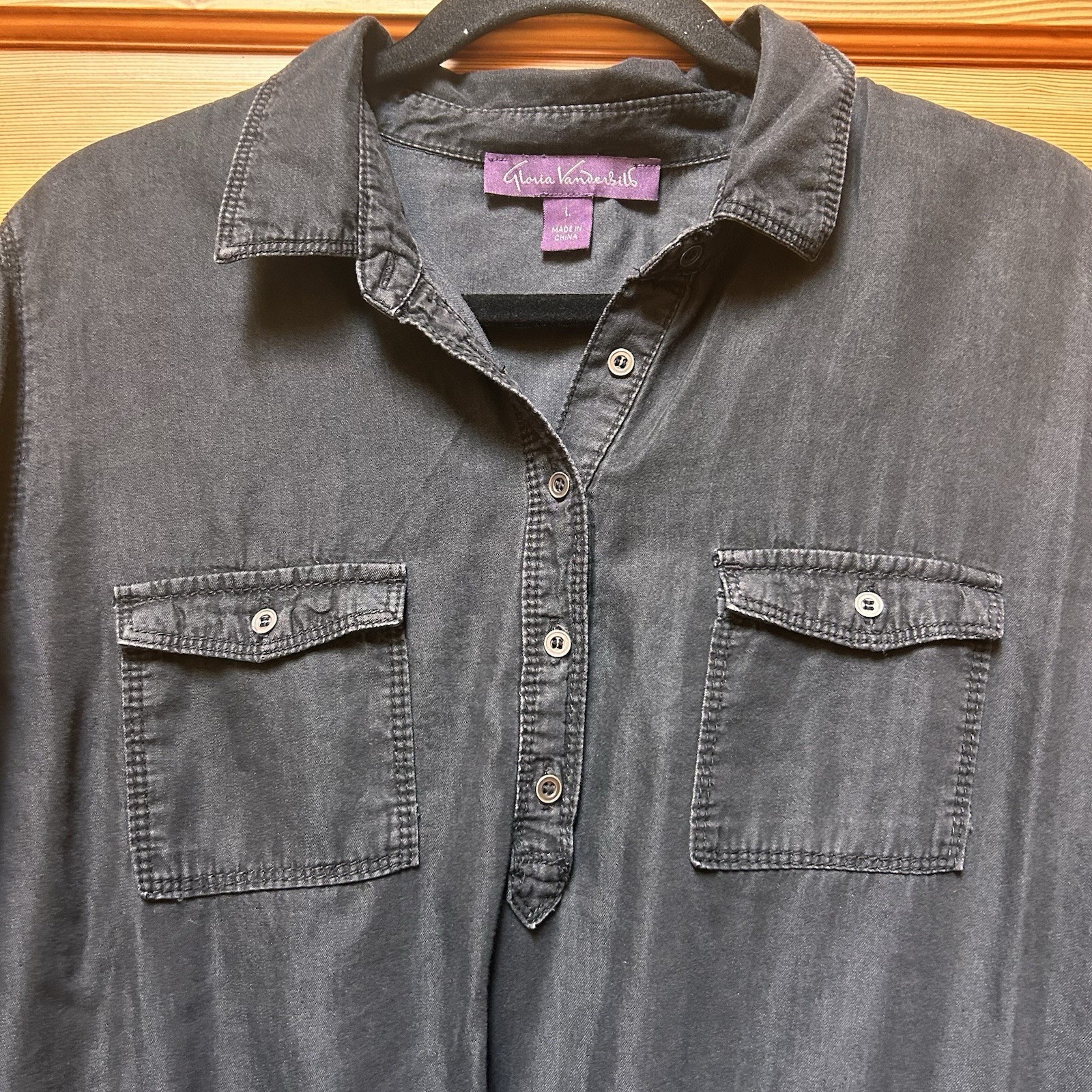 Gloria Vanderbilt Ashleigh Black Chambray Short Shirt Dress Drawstring Tie Large