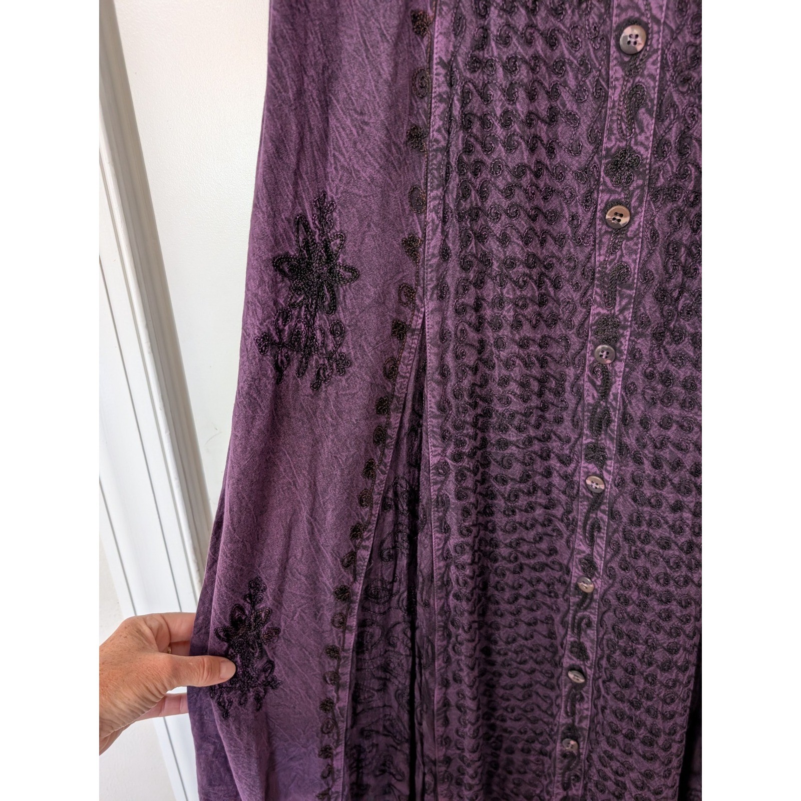 Magic Purple Rayon Embroidered Maxi Dress XL Boho ren faire gypsy crinkle