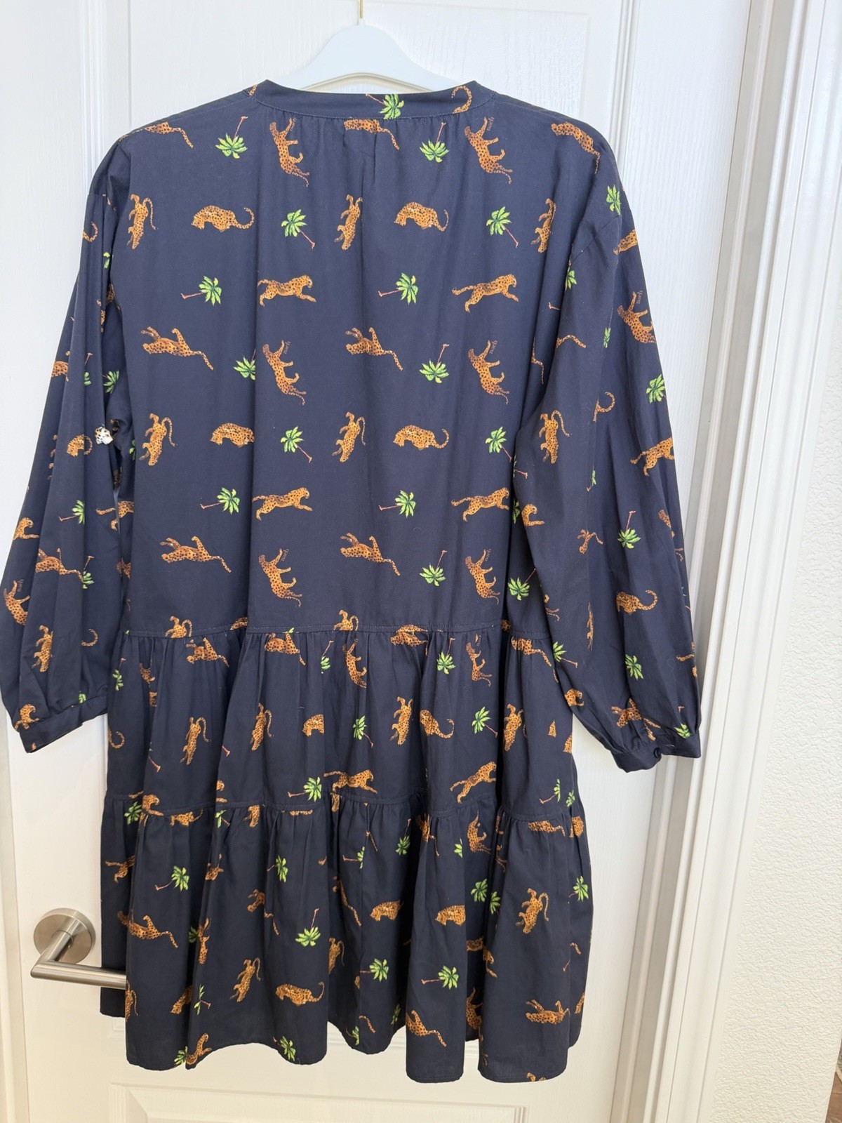 Nach Women’s Tiered Leopard & Palm Tree Print Dress Navy Long Sleeve Size XL