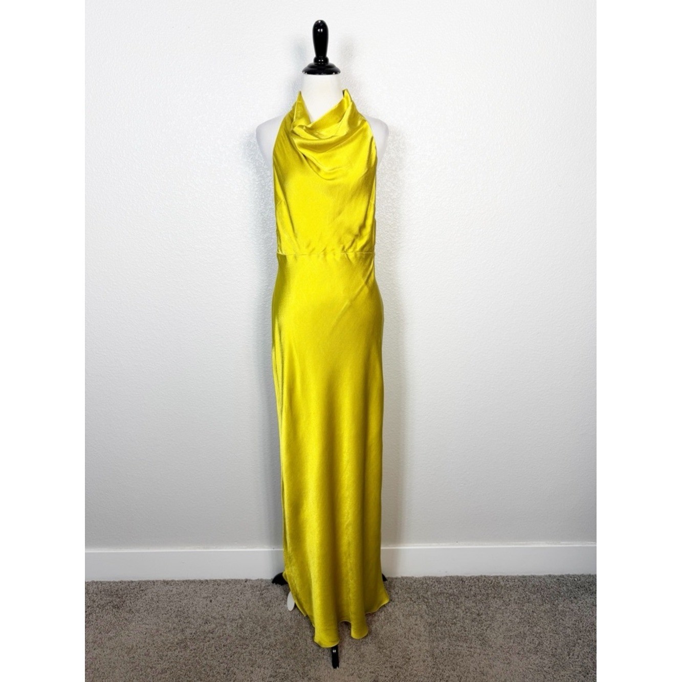 Shona Joy NWT Size 10 Sofia High Cowl Neck Open Back Maxi Dress Gown in Lime