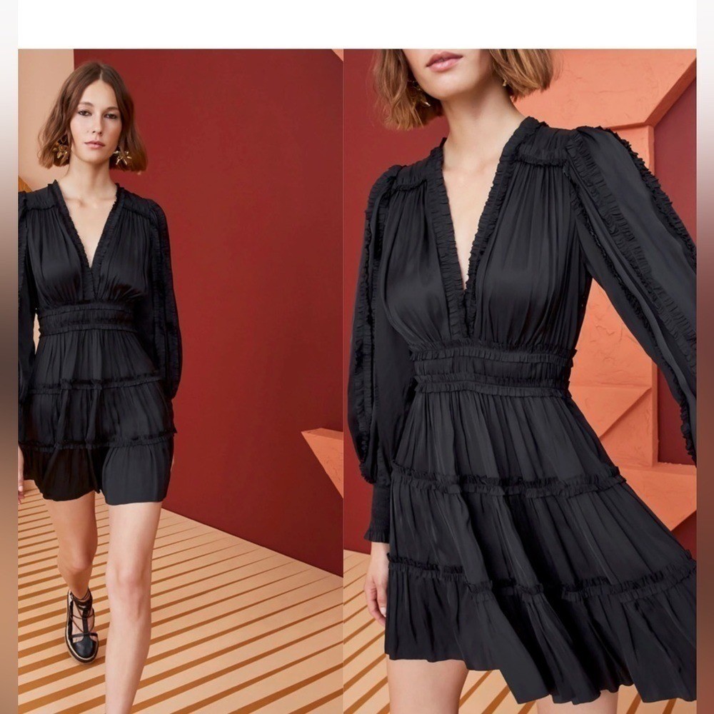 O.P.T. Black Ruffle V-Neck Tiered Mini Dress Smocked Waist Long Sleeve Small