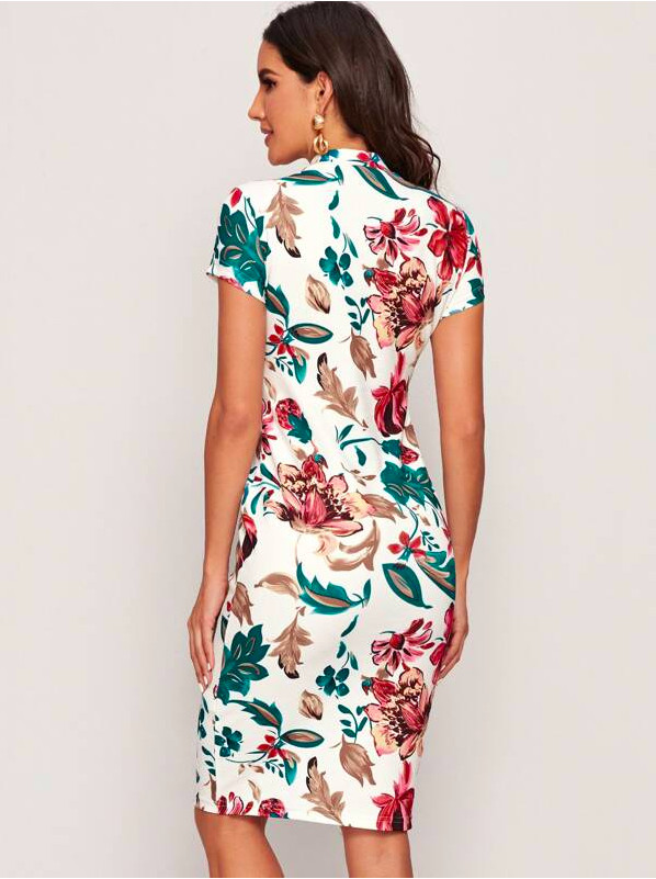 Multicolor Mock-Neck Botanical Print Summer Bodycon Pencil Dress Sz XS S M L XL