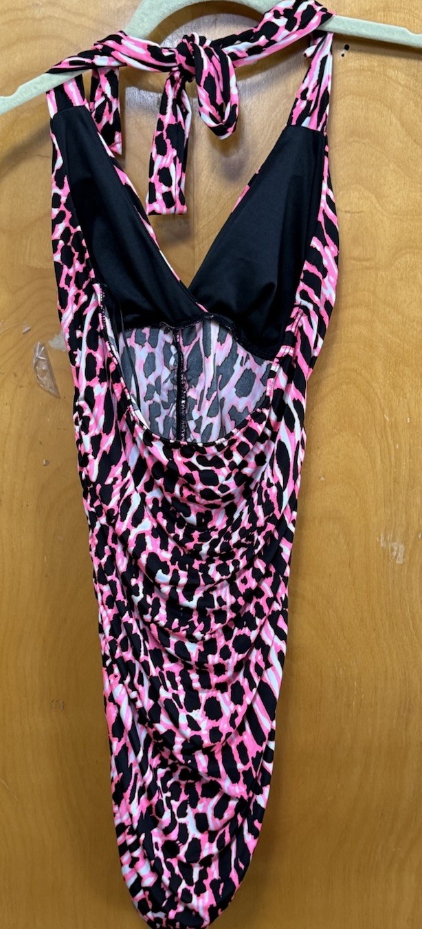 Kiwi Womens Ruched Halter Mini Dress Stretch Clubwear Neon Pink Black Leopard S