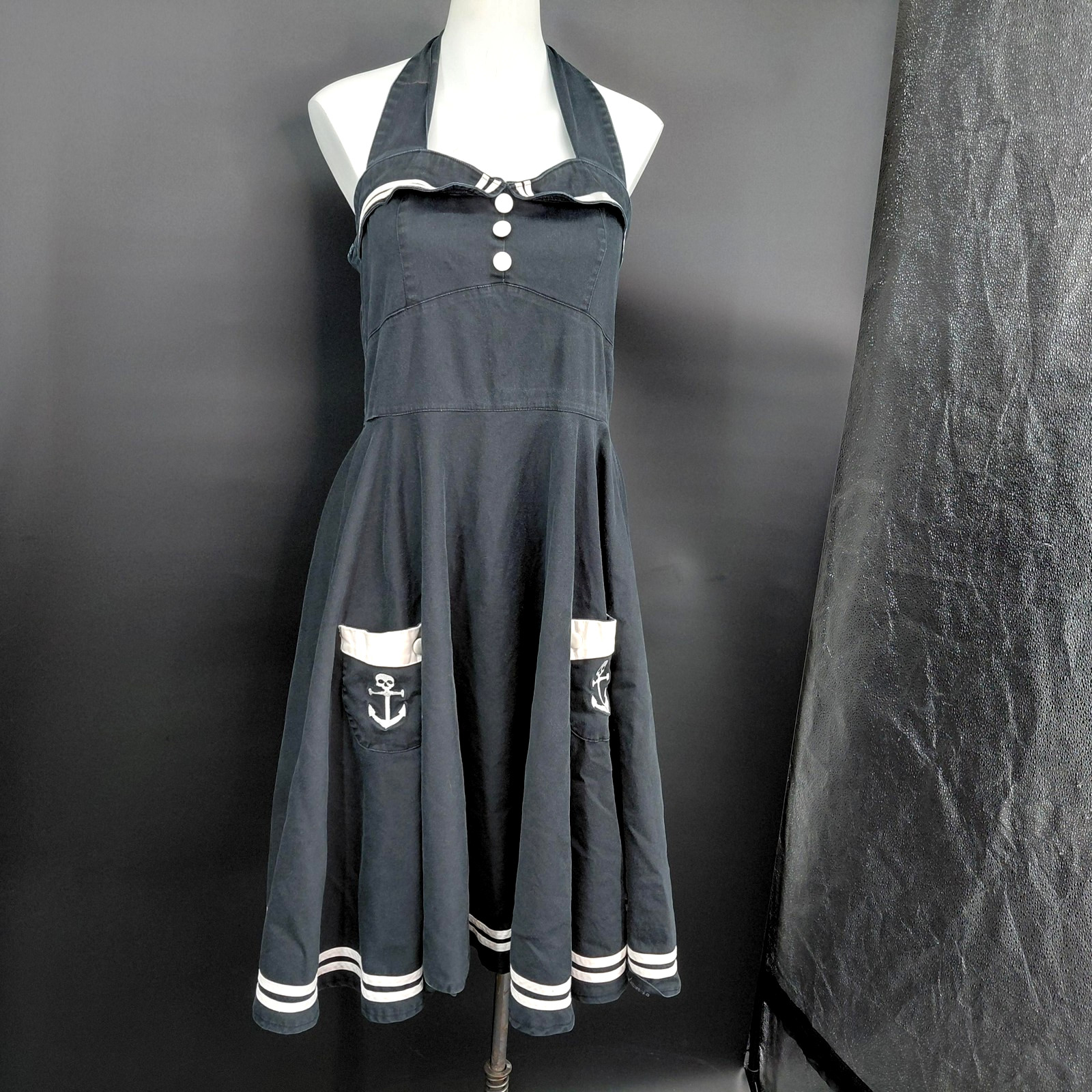 Hell Bunny Vixen Dress Womens Large Black Halter Nautical Skull Fit Flare Gothic