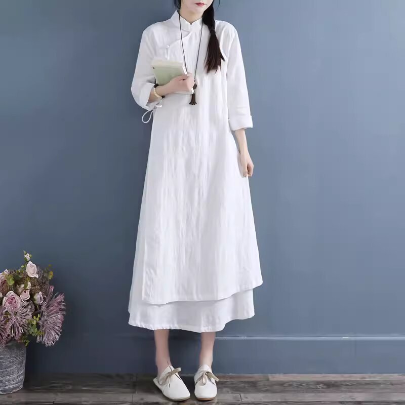 Women’s Chinese Style Cotton Linen Stand Collar Buttons Cheongsam Qipao Dress