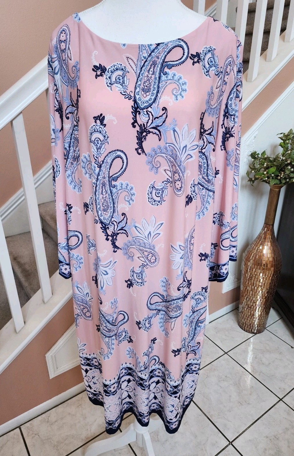 NWT STUDIO ONE NEW YORK Pink Paisley Round Neck 3/4 Bell Sleeve Shift Dress 2X