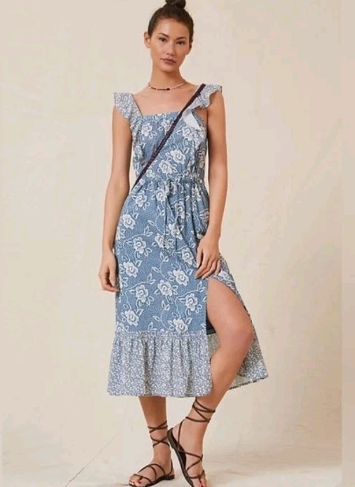 PAIGE Poppy Flutter Sleeve Blue Floral Midi Dress Ruffle Tie Waist Coastal Sz S
