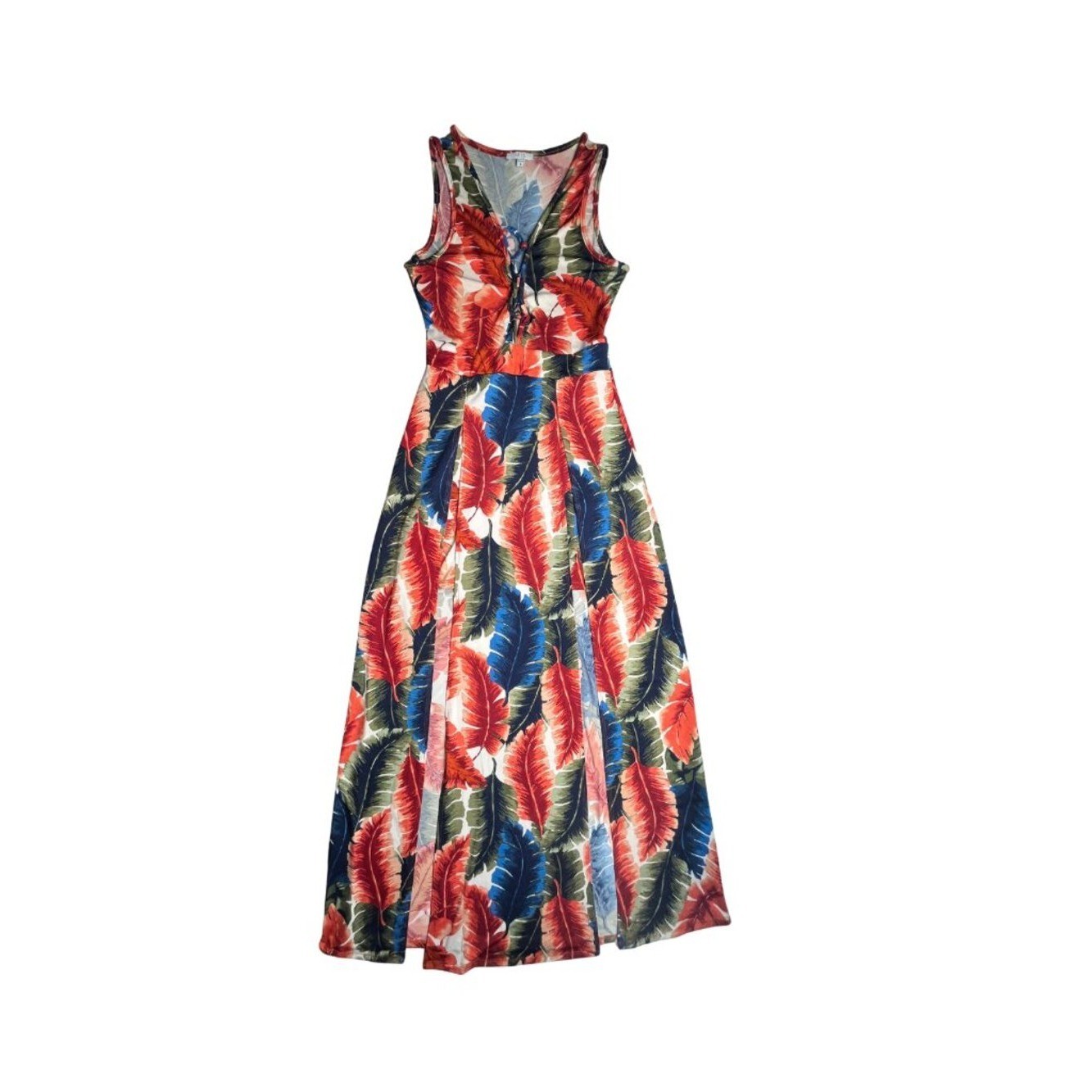 IRIS Tropical Palm Leaf High Low Maxi Dress Womens S Lace Up Summer Resort New