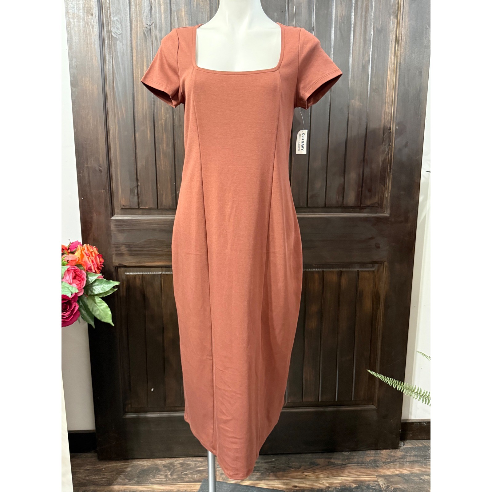 Old Navy Womens L Petite Terracotta Rust Square Neck Short Sleeve Midi Dress NEW