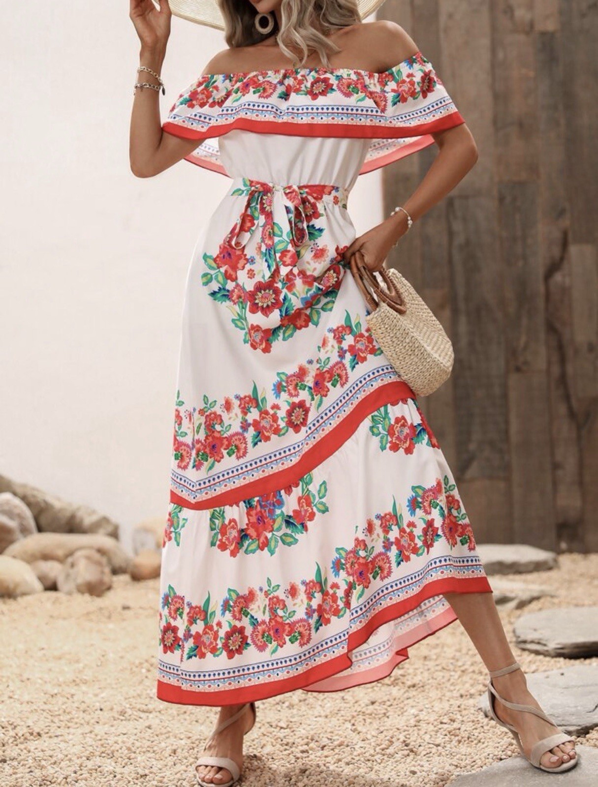 Boture Women’s White Red Blue Green Floral Off Shoulder Ruffle Midi Dress Sz M