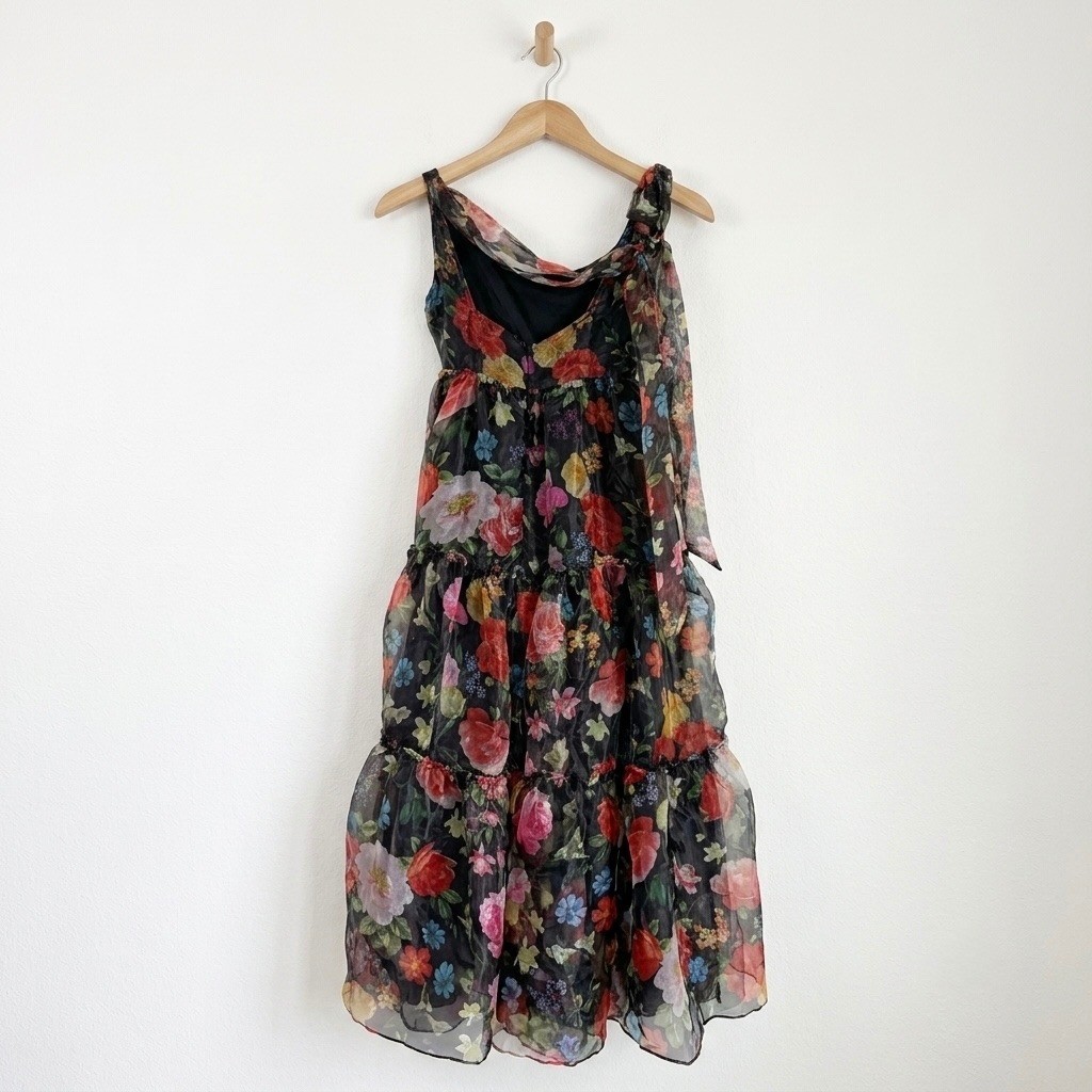 Chelsea28 Romantic Goth Dark Floral Tiered Organza Maxi Dress Bow Accent XS