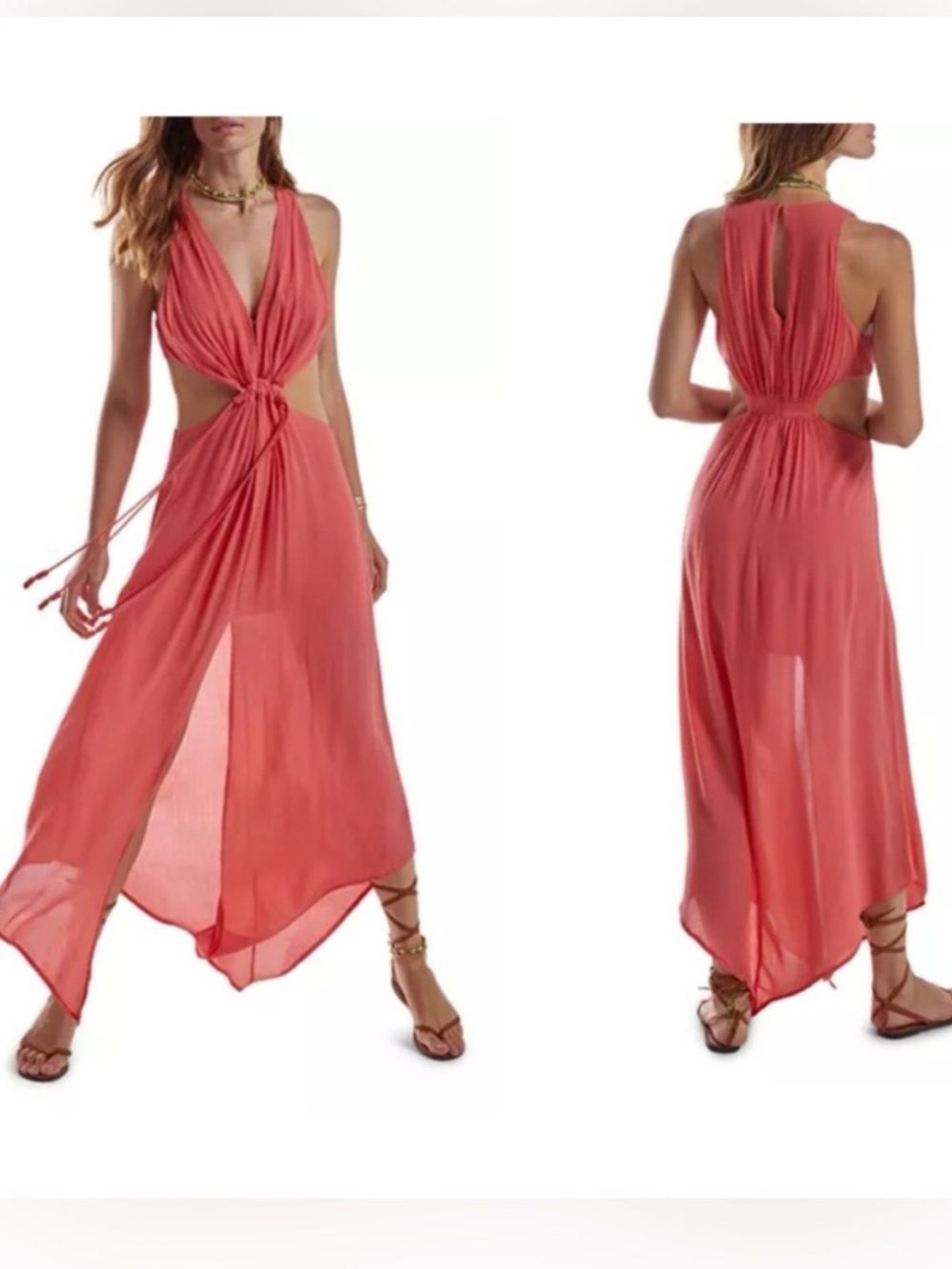 Vix Paula Hermanny Nayara Asymmetric Cut-Out Maxi Dress Red Coral Size Medium
