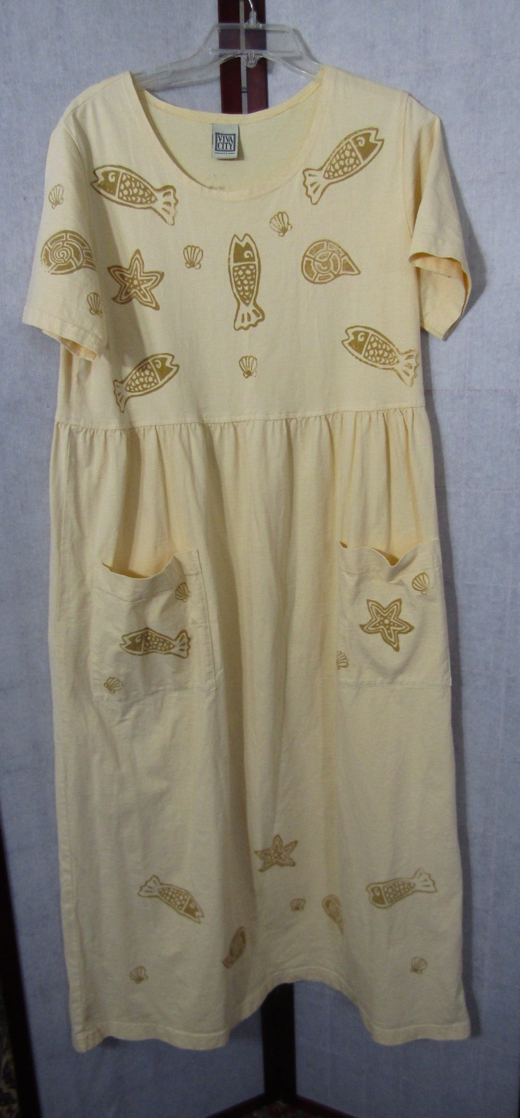 Viva City USA 100% Cotton Ocean Theme Yellow Short Sleeve Dress Women’s M