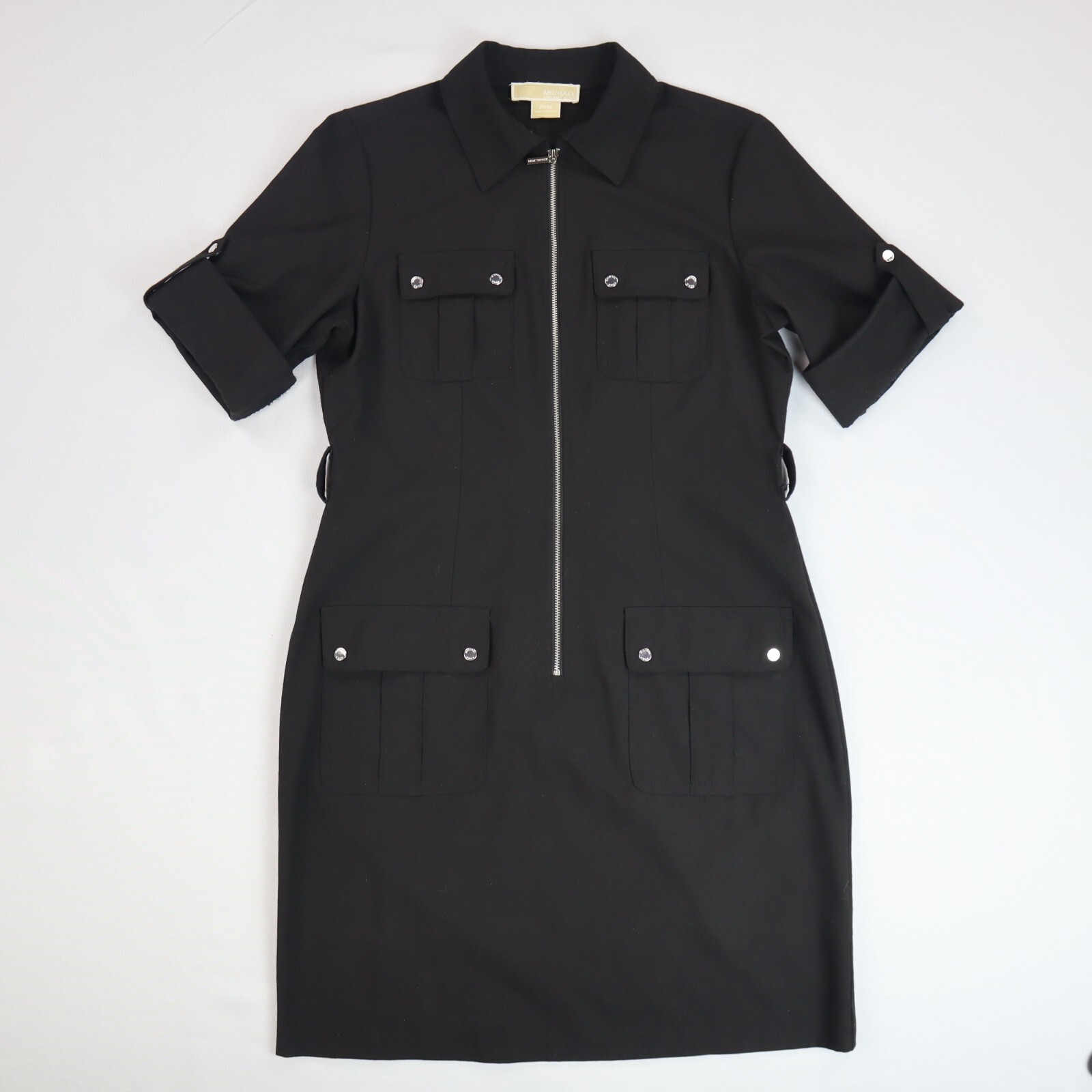 Michael Kors Womens Roll Tab Sleeve Black Collared Dress Size P/M Petite Medium
