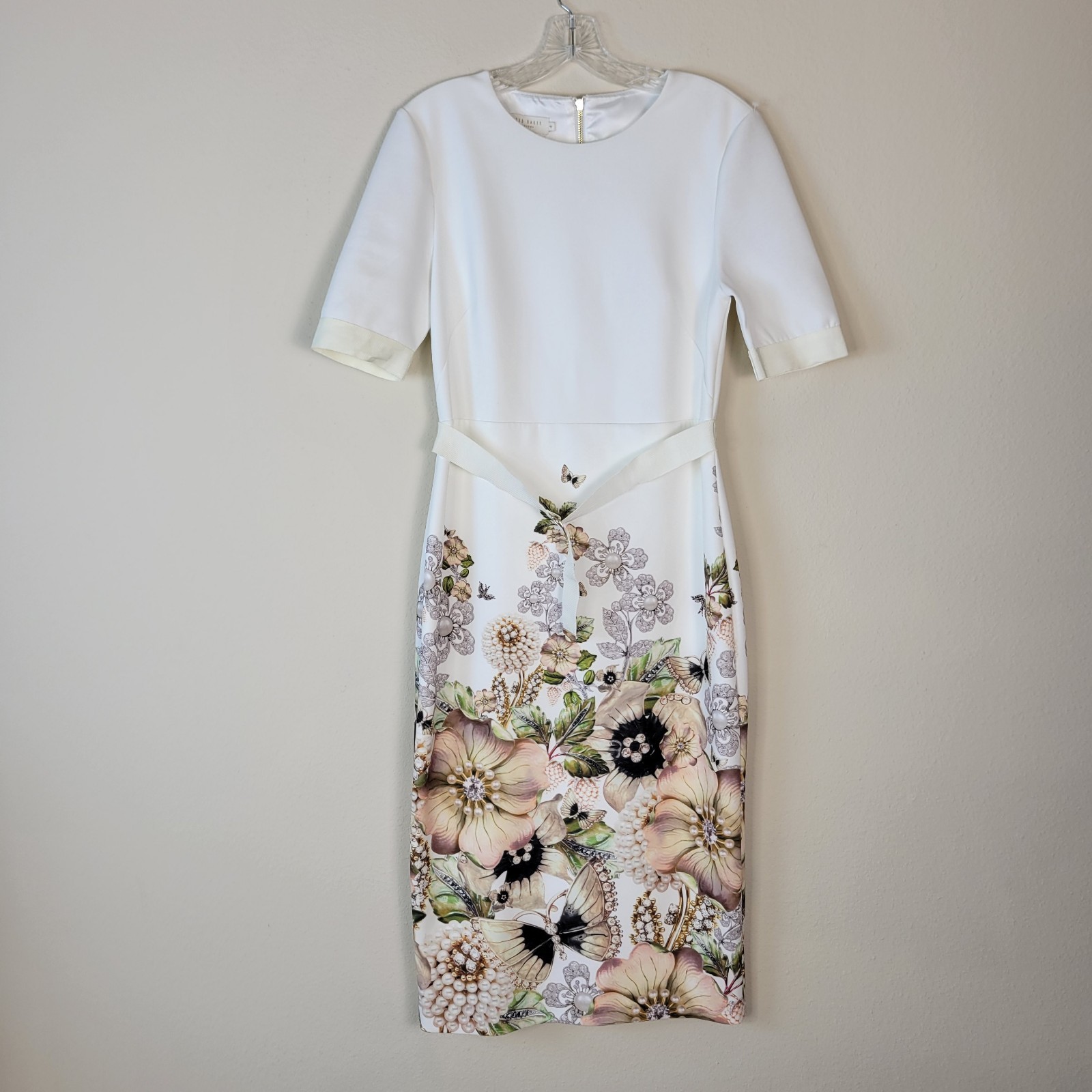 Ted Baker London Womens Size 4 Floral Belted Sheath Dress Ivory Midi