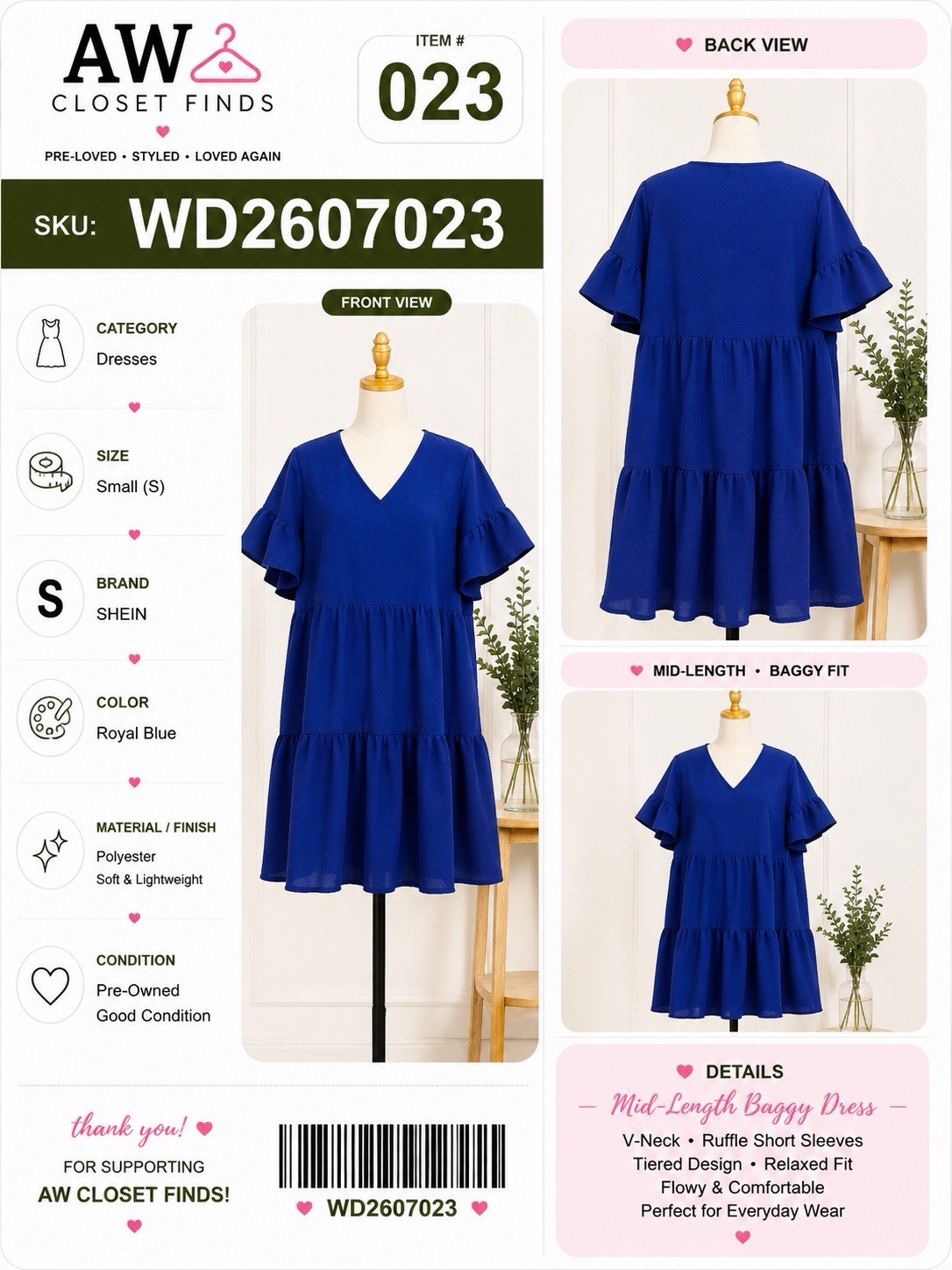 SHEIN Blue Babydoll Dress Small V-Neck Tiered Flowy Casual Dress