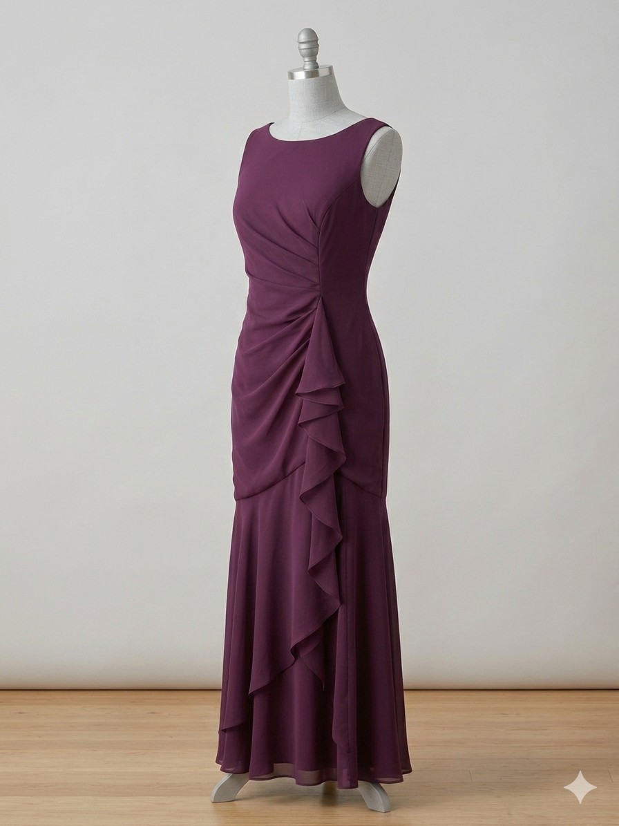 Stunning Plum Ruffle Chiffon Formal Gown – Mermaid Silhouette – Size 12 (L)