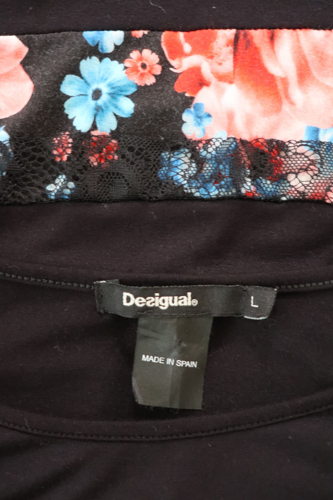 Desigual Black Jersey Colorful Floral Stripes Lace Ruffles Tshirt Dress Women L