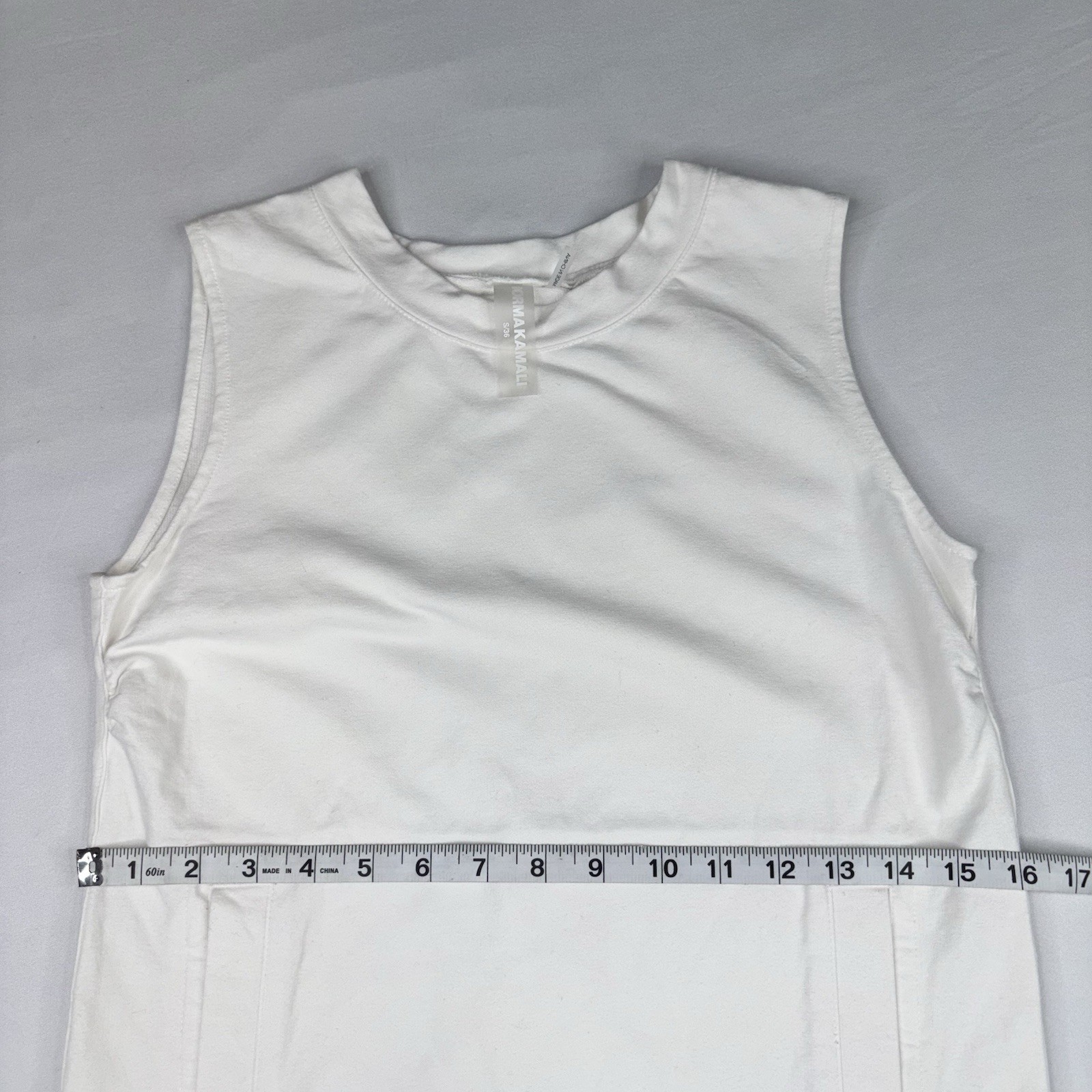 Norma Kamali White Sleeveless Mini Dress S Round Neck Knit Pockets
