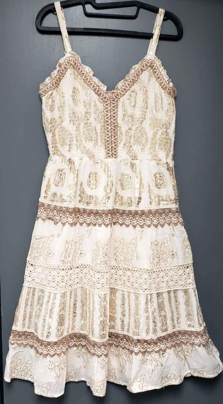 NWT~ FAIRYCORE~ANTHROPOLOGIE ME 2 MAGIC~IVORY/GOLD~CROCHET~MIDI Peasant DRESS~M