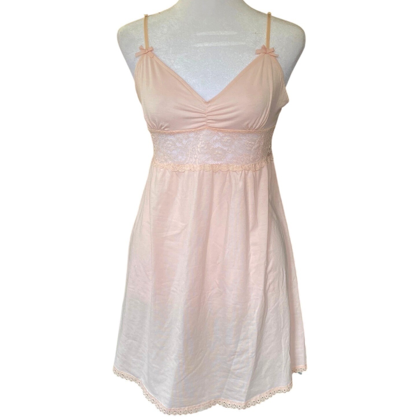 Babydoll Lace Trim Sheer Bows Pink Chemise Mini Dress Small Lingerie Femme Y2K