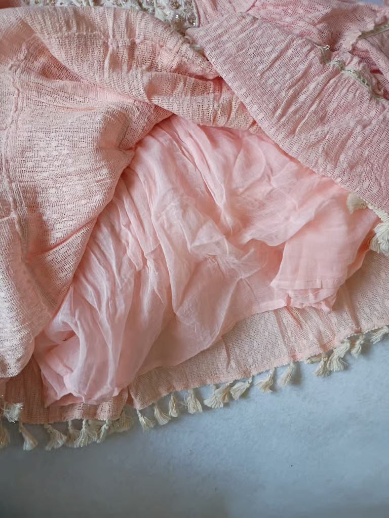 POL Pink Eyelet Lace Boho Mini Dress Tassel V-Neck Ruffle Tiered Cotton M