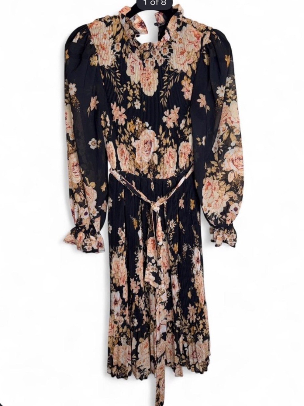 Vici Black Floral Pleated Midi Dress with Blush and Cream Accents