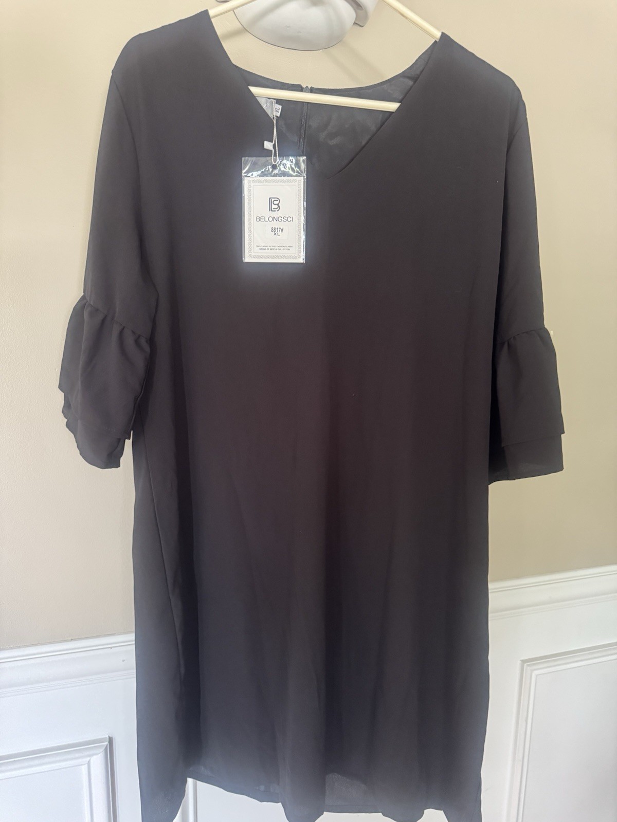 Belongsci Black V-Neck Shift Knee Dress Ruffle Bell 3/4 Sleeve XL