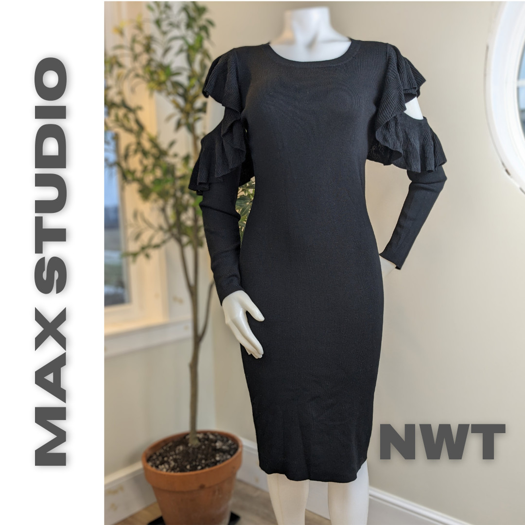 Max Studio Sheath Sweater Dress Small Black Cold Shoulder Ruffled Sleeve NEW