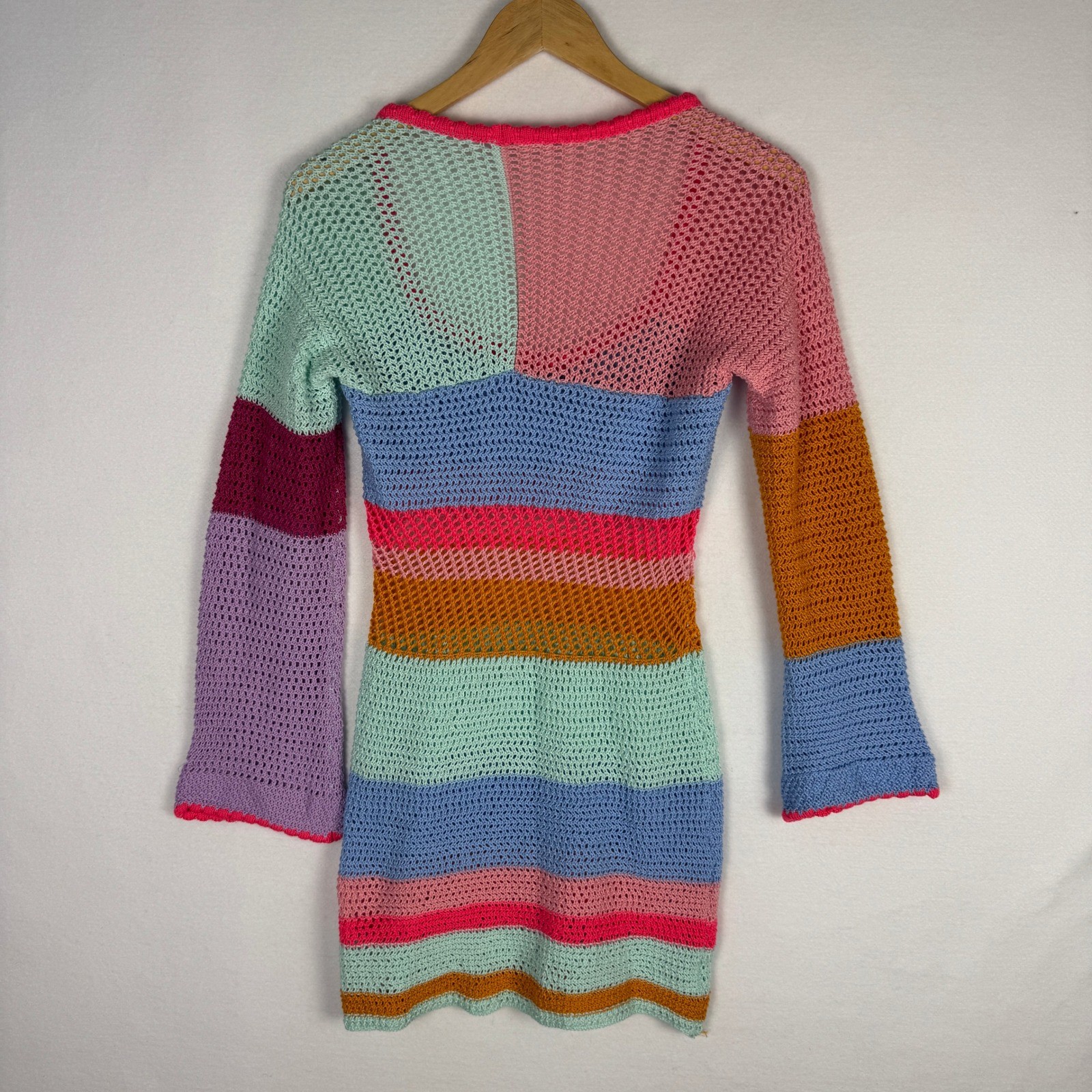 Multicolor Crochet Mini Dress Bell Sleeve Striped Open Knit Festival Boho M