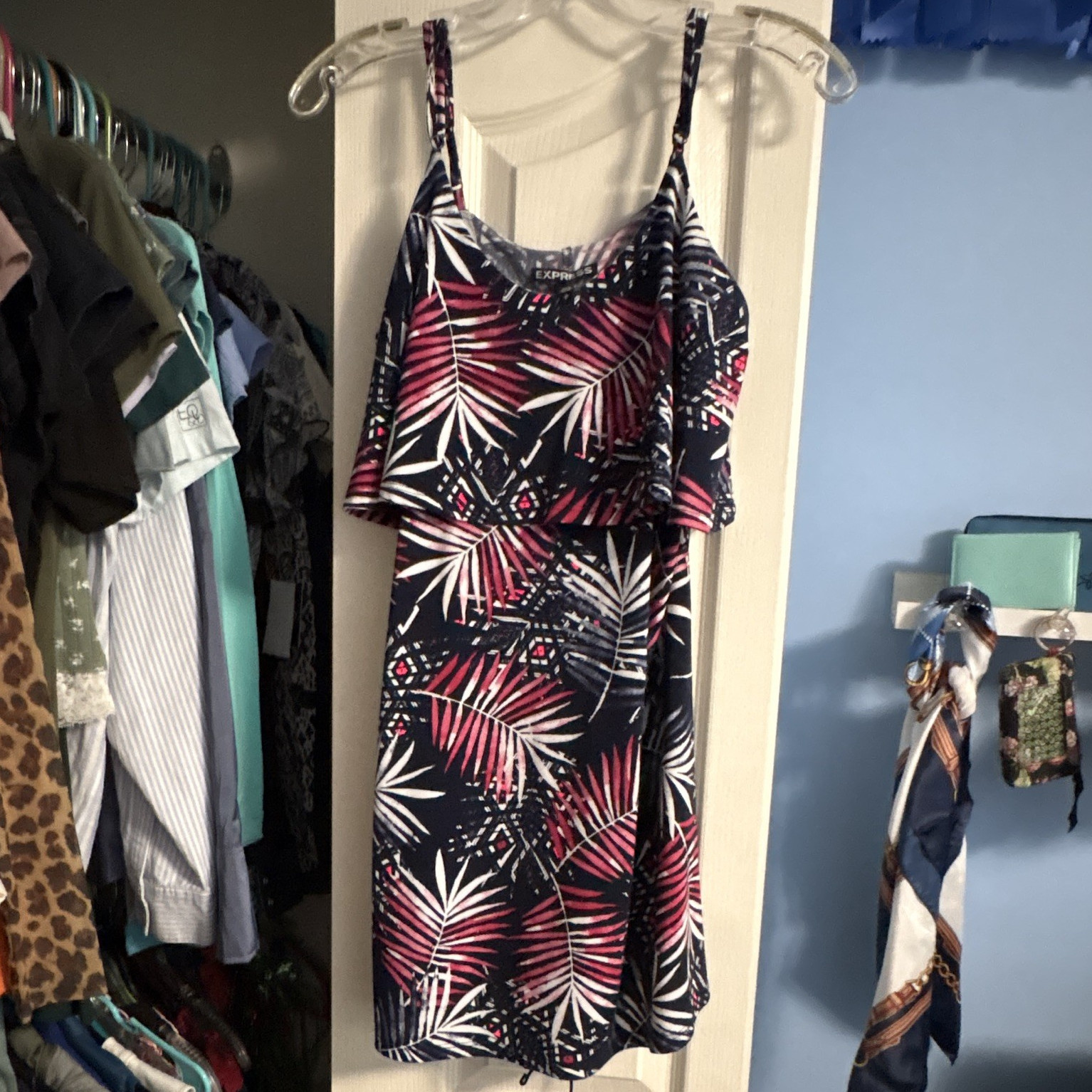 Express Sundress Navy/Pink/White Tropical V-Neck Spaghetti Strap Knee S