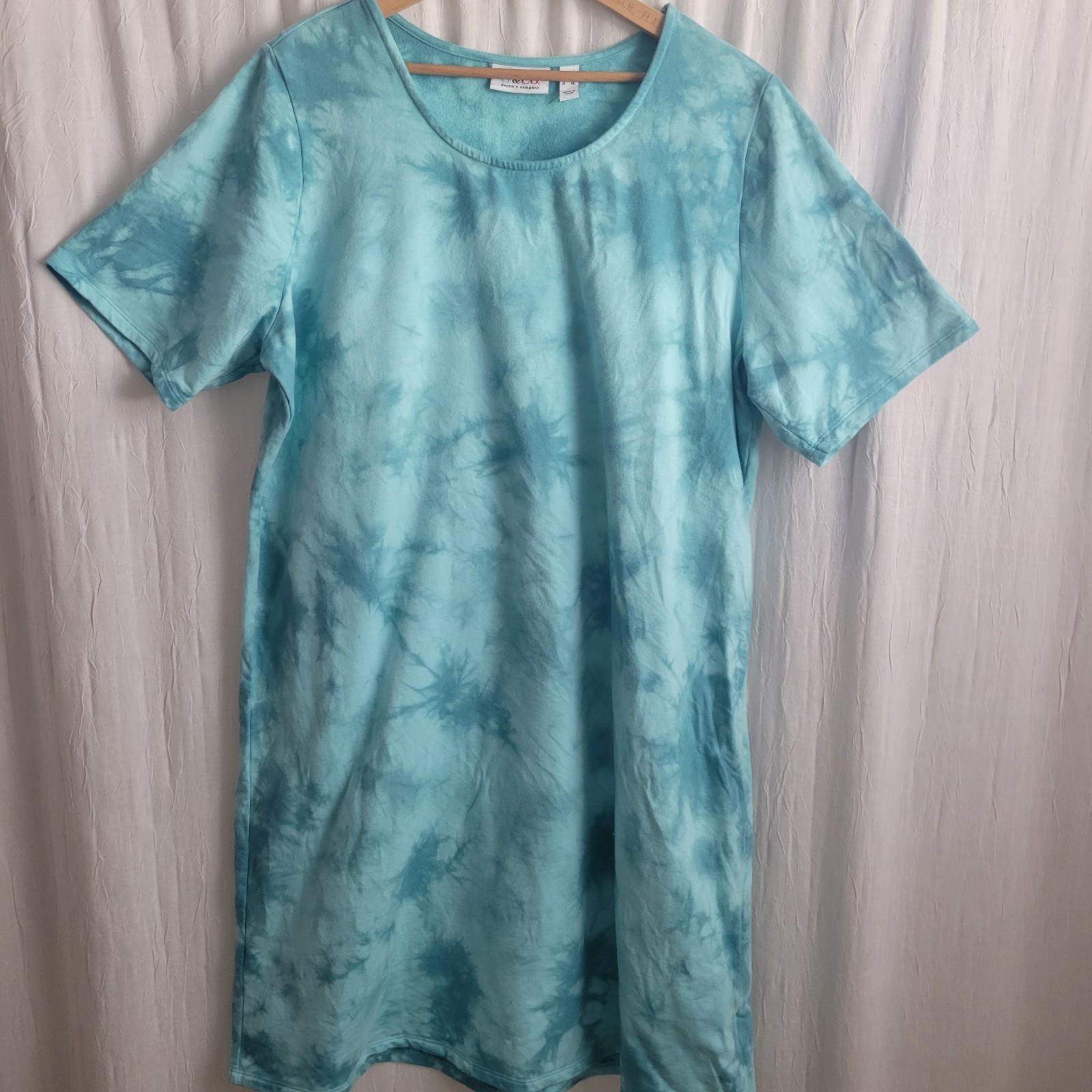 Denim & Co. Large T-shirt Dress French Terry Crystal Wash Tie-Dye Turquoise