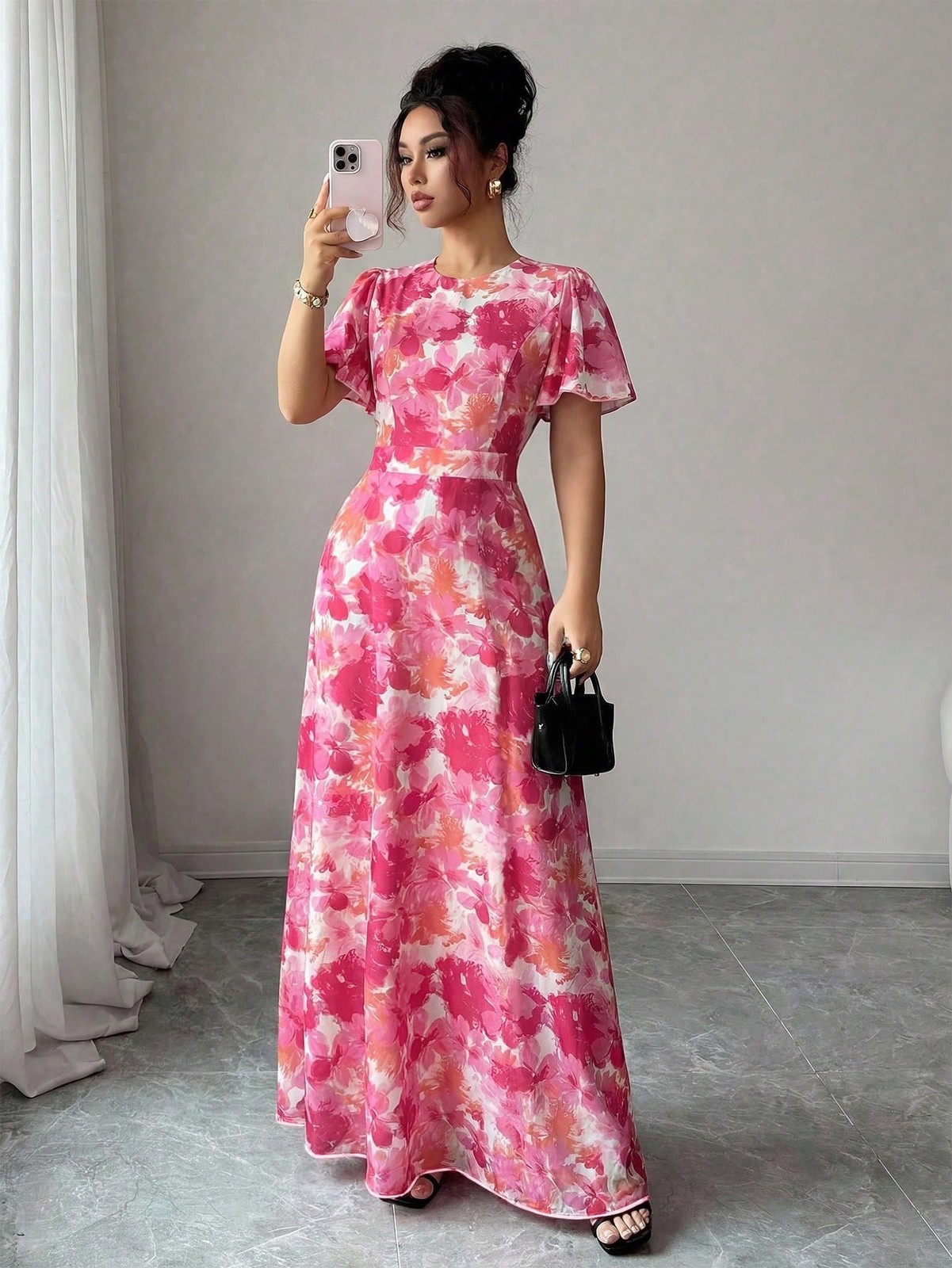 Ladies Elegant Ruffle Sleeve Round Neck Dress
