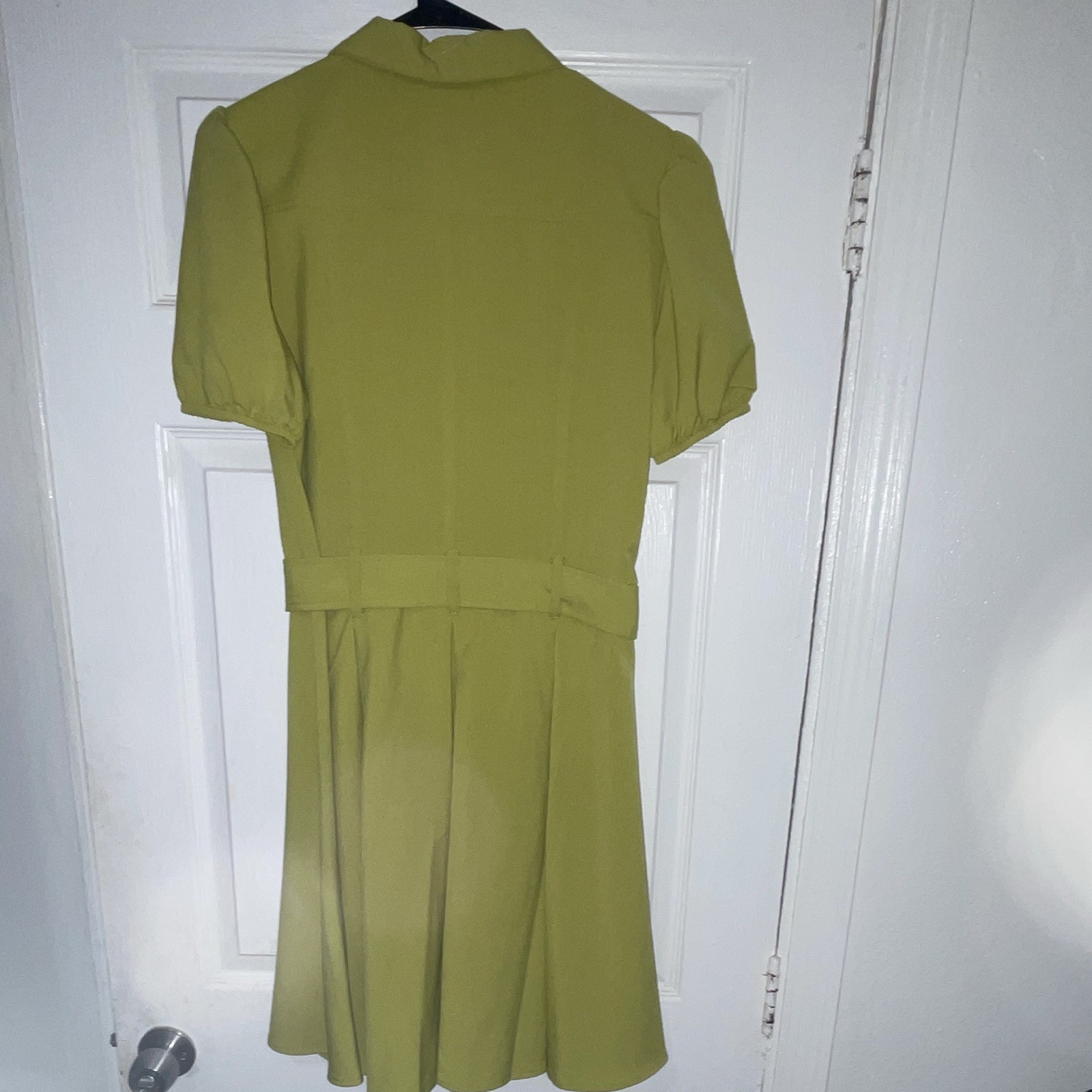 Theory 38 Green Solid Silk Shirt Dress Collared Short Puff Sleeve Belted 0
