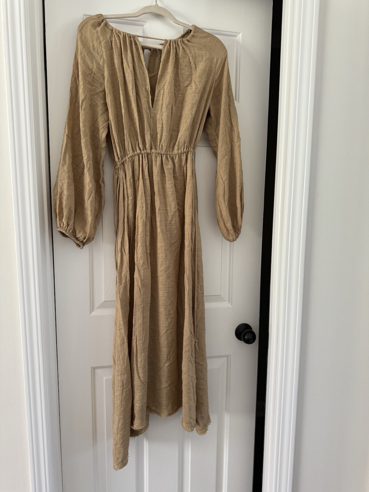 Zara tan maxi dress Soft “Linen-look” String Tie Neck Waist M EUC