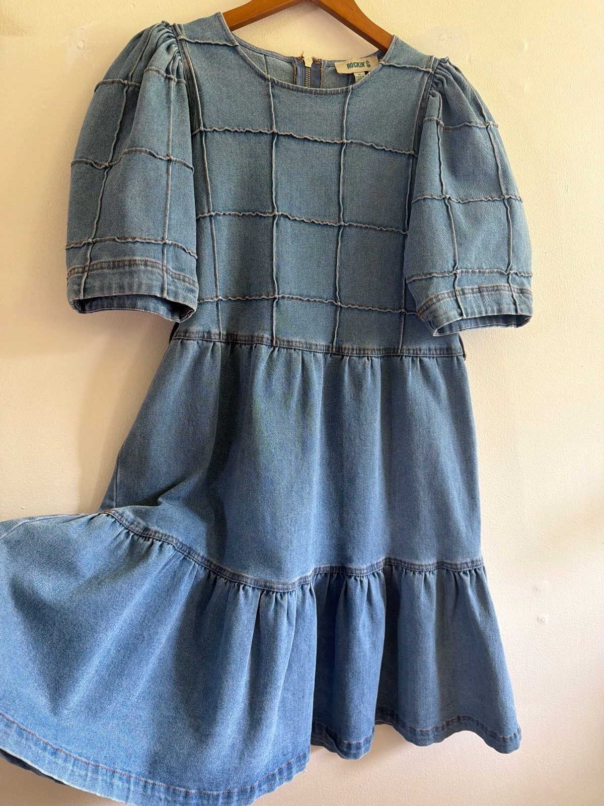 Rockin C Denim Tiered Mini Dress Puff Sleeves Size Medium