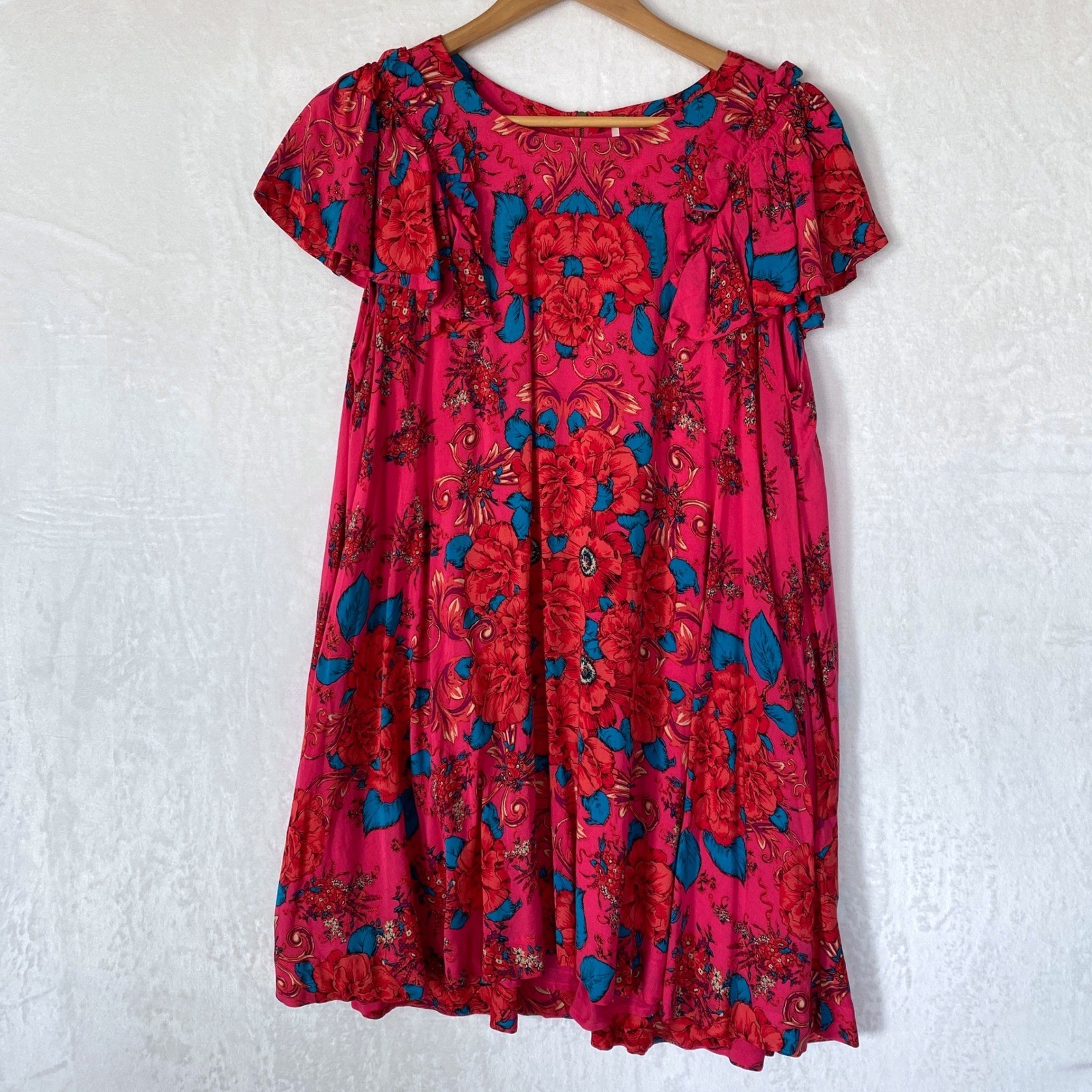 Free People Yara Mini Floral Print Short Sleeve Ruffle Dress Pink Oversize S