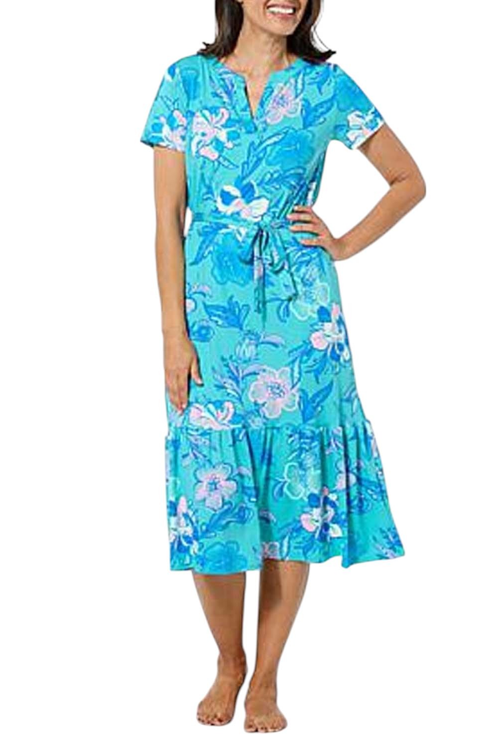Comfort Code Women’s Jersey Knit Belted Midi Dress Teal Boho Floral