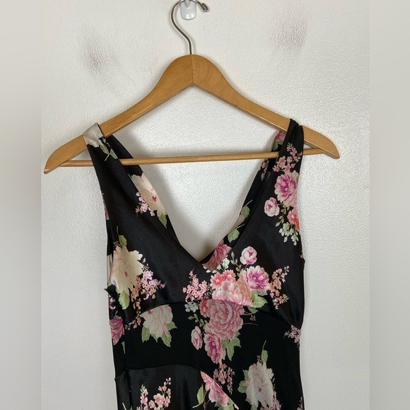 City Studio 90s Y2K Satin Chiffon Floral Maxi Dress Sz S Fairy Ruffle Cowl Neck