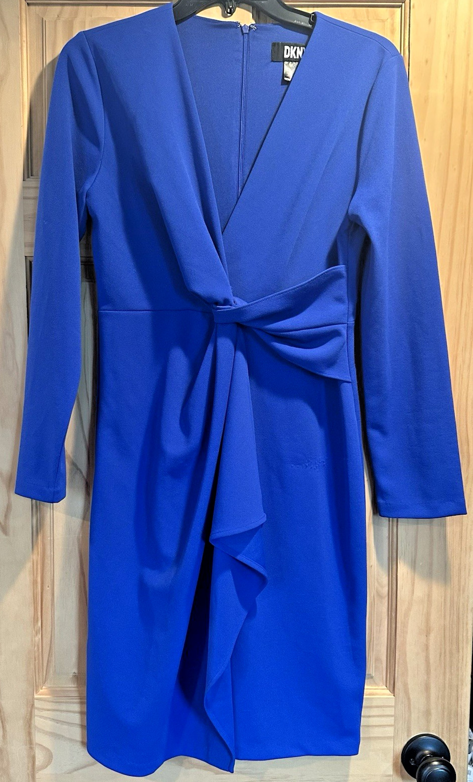 DKNY Women’s Blue Tie Front Sheath Dress Long Sleeve V-Neck Size 8 Midi