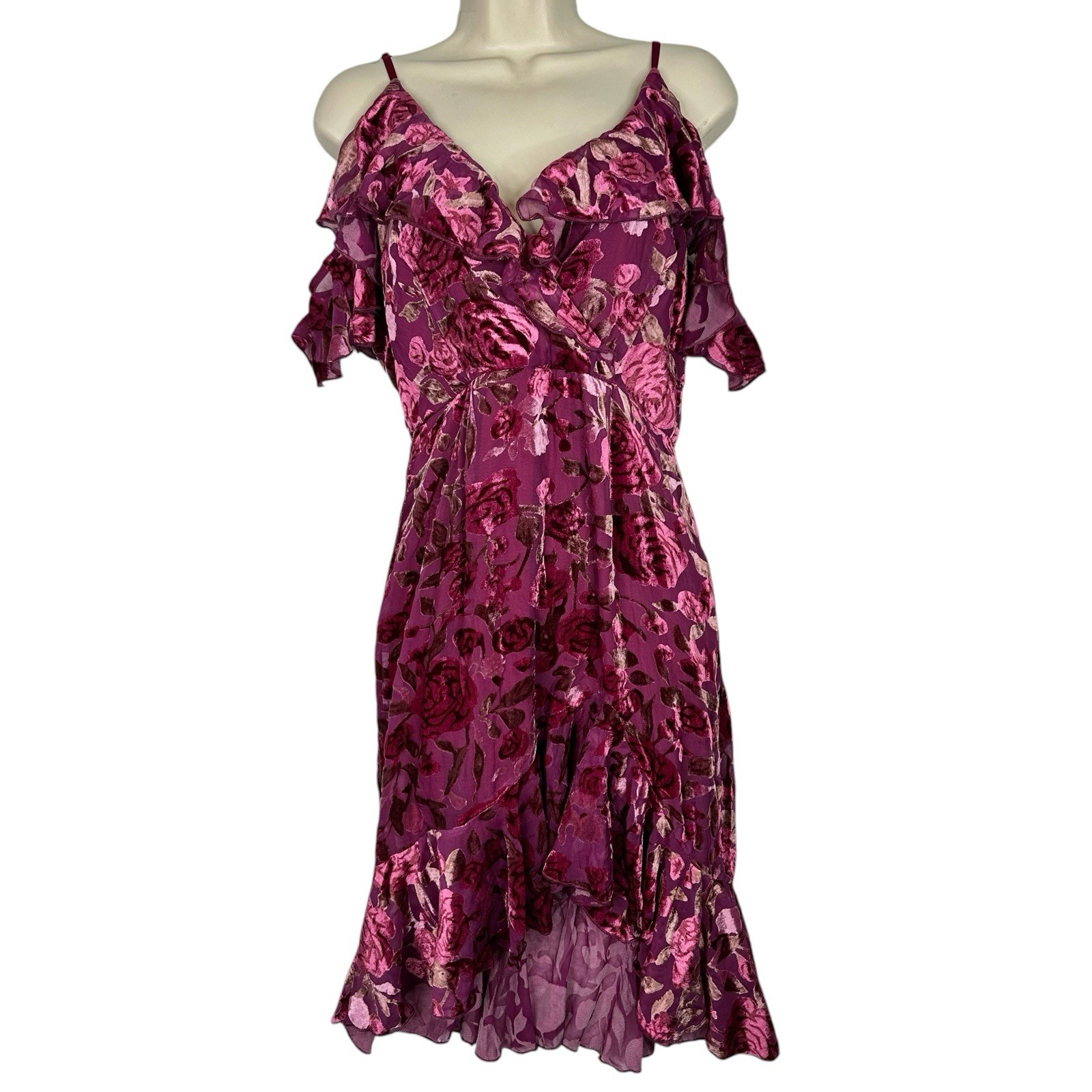 Lucy Paris Velvet Burnout Floral Dress Womens Small Burgundy Off Shoulder Ruffle