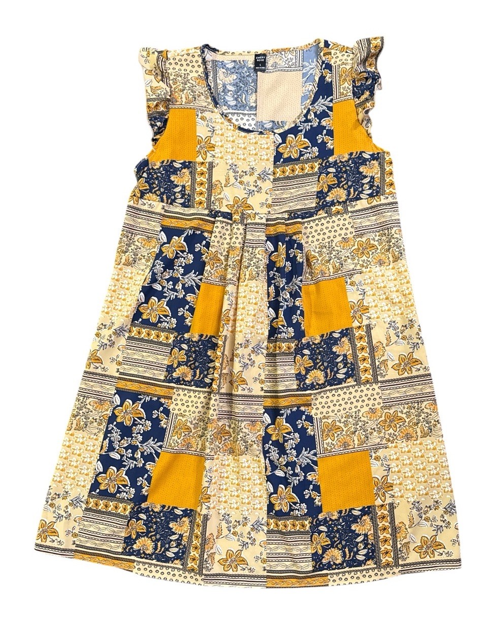 Emery Rose Women’s Large Patchwork Floral Dress Yellow Navy Ruffle Cap Sleeve