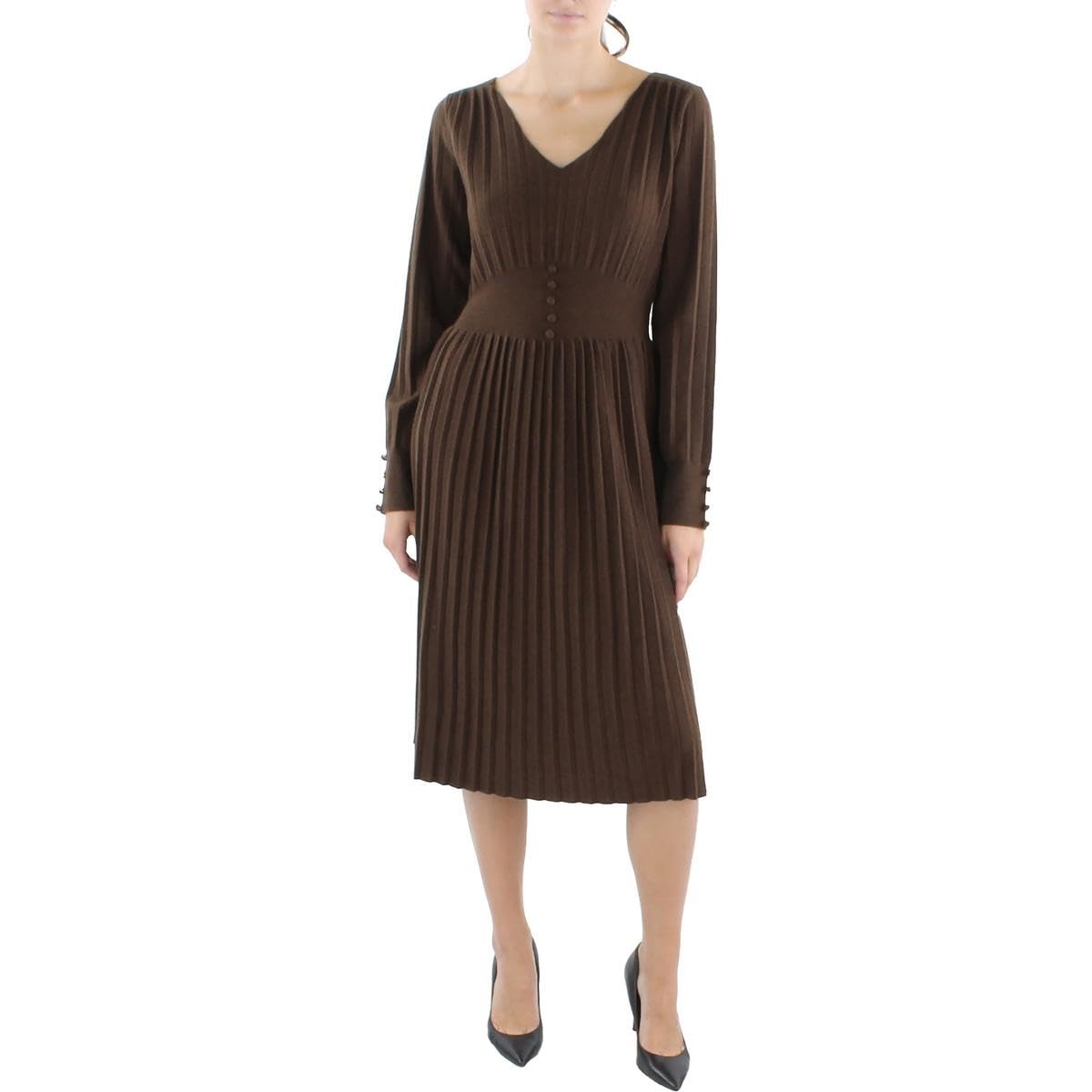 kensie Womens Soft Pleated Sweaterdress Brown S
