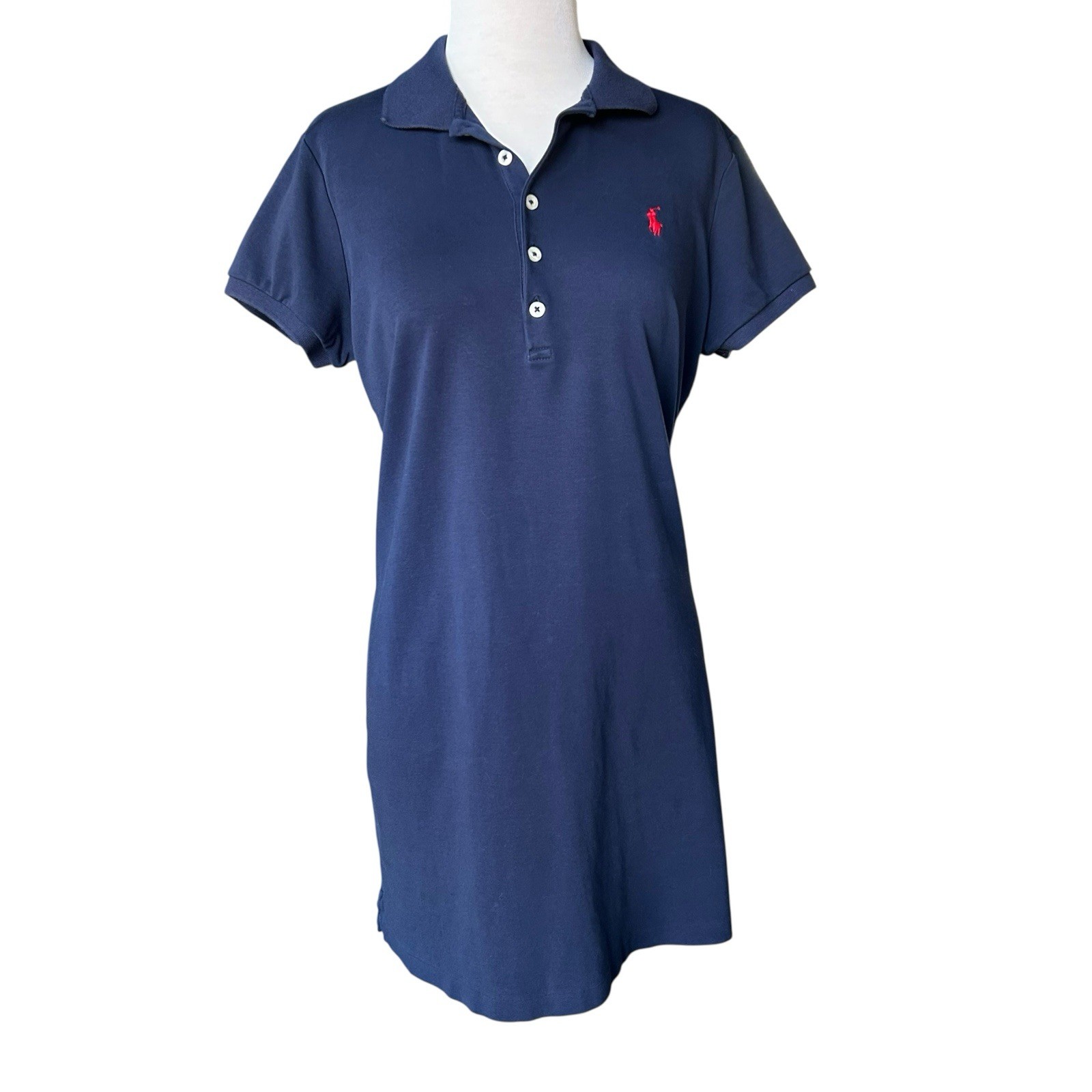 Ralph Lauren Women’s LARGE Navy Blue Polo Shirt Dress Red Pony Logo Short Sleeve