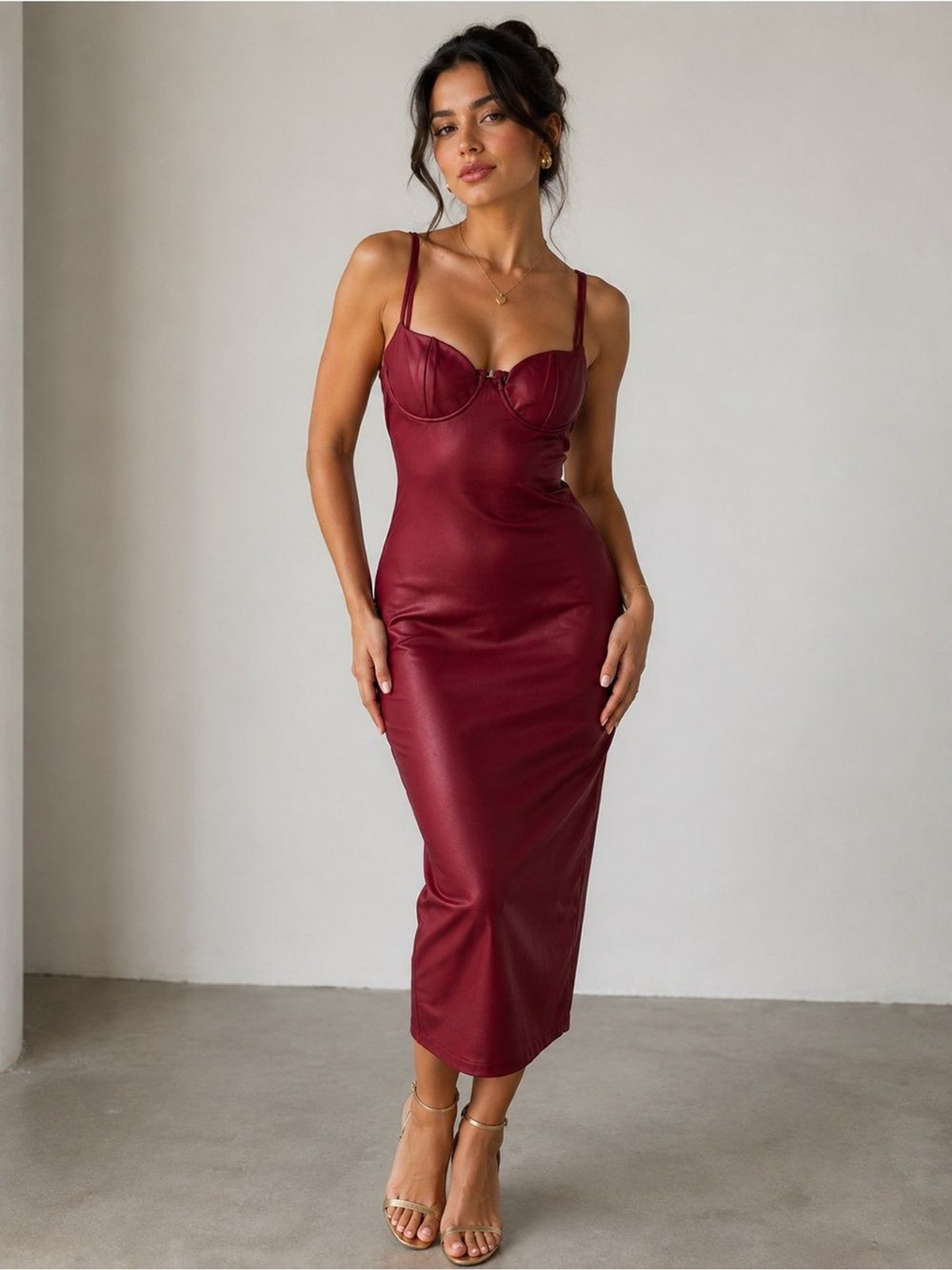 Fashion Nova Dark Red Faux stretchy Leather Bustier Midi Dress Sz L Party Glam