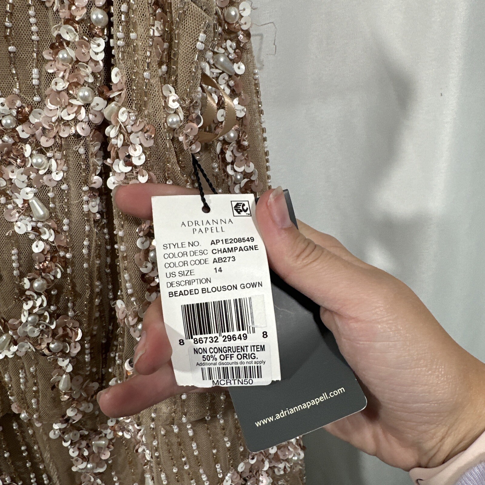 NWT $329 Adrianna Papell [ 14 ] Embellished Cowl-Back Gown in Champagne #G1167
